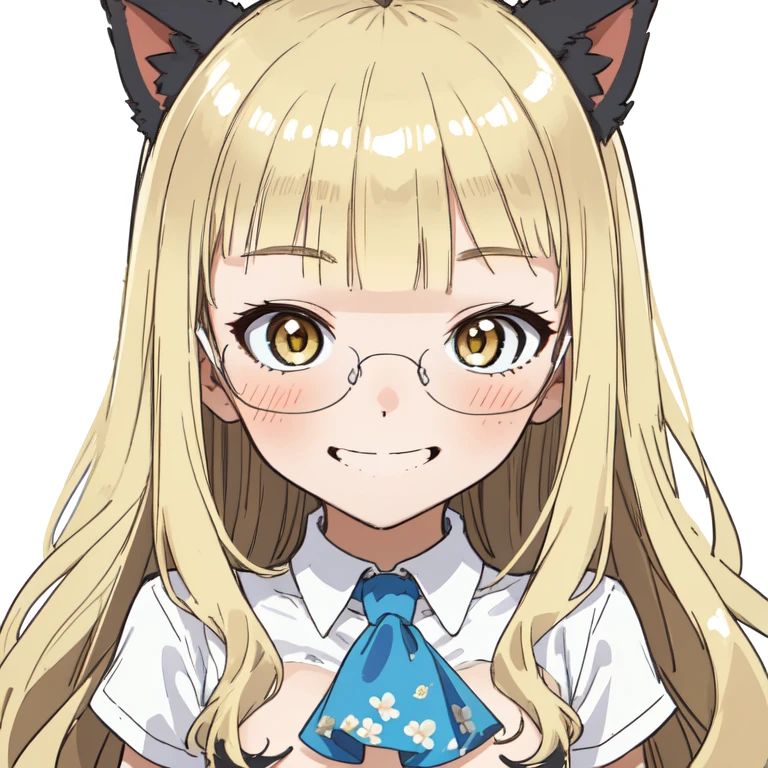 (1Girl, ), (((Solo))), (((perrine h. clostermann))), (((Blonde Hair, Bangs, Blunt Bangs, Wavy Hair:0.6, Long Hair:1.2, Very Long Hai:1.2))), (((Gold Eyes:1.2))), (((Glasses))), (((Animal Ears, Black Cat Ears))), (No eyebrows),
BREAK; 
(((Shirt, White Shirt, Blouse, Short Sleeves))), (((Ascot, Blue Ascot))), (((Jitome))), Half-Closed Eyes:0.4, Thighs:1.1, (((Small :1.4))), (((Big :1.2))), (((Blush))), (((Smile:1.4))),
BREAK; 
((Face Close-Up, Face Extreme Close-Up)), (Simple BackGround), (Floral Print:1.2), (((White BackGround:1.2))), (Flower BackGround),
BREAK; 
8K, Best Quality, Ultra Detailliert, Highres, Absurdres, Perfect , Masterpiece, Strong Outline,