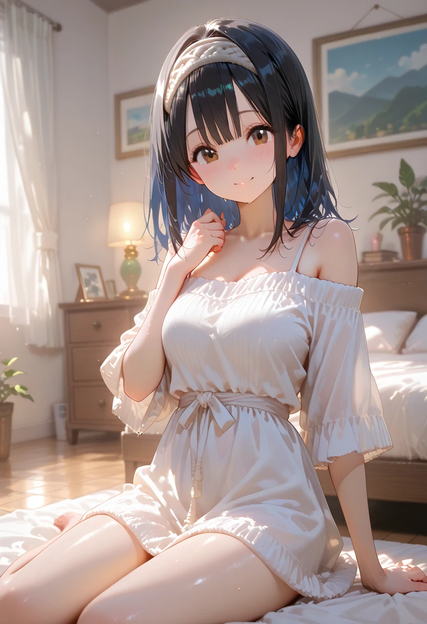 masterpiece, highest quality, One Girl, Thighs, beautiful girl, Flowers, たくさんの小さなflowerびら, flower、Small waist, RAWphotograph,Bright lighting、Face Light, Ultra-realistic, High resolution, photograph, Sharp focus, Highly detailed eyes and face,Symmetrical face, whole body、Large Breasts、Long Hair、チラリと見えるThighs、Cleavage、Red Micro andals、White lace shirt、Sleeveless、Her hair was tied with a big red ribbon、White high heels、After bath、On the way home from the bathhouse