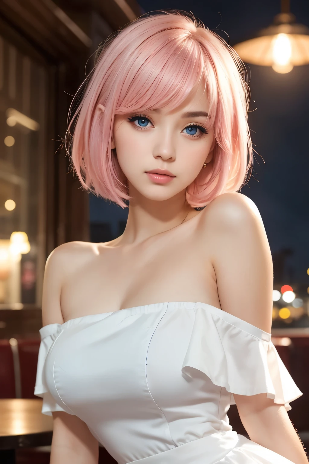 masterpiece, best quality, (realistic,photo-realistic:1.4), (RAW photo:1.2), extremely detailed CG unity 8k wallpaper, delicate and beautiful, amazing,finely detail, official art, absurdres, incredibly absurdres, huge filesize, ultra-detailed,extremely detailed eyes and face,light on face,(little smile),(pink hair:1.4),(short hair:1.4),(small breast:1.4),(wearing white dress:1.5),(night background:1.4),chocker