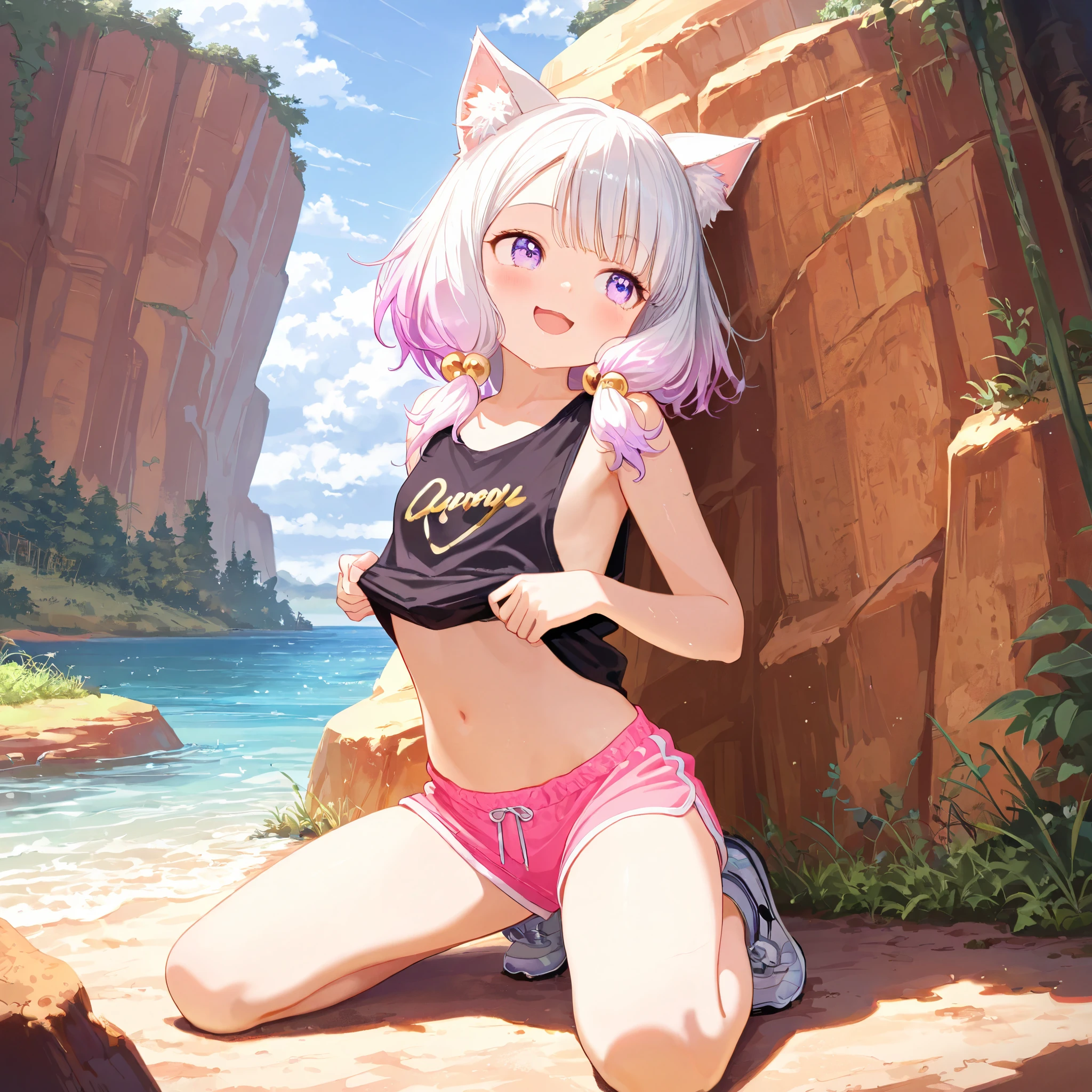 (Masterpiece)), ((best quality)), (8K), (Realistic), (detailed background:1.2), (super detail:1.2),(High Definition:1.3), (Professional Photography:1.2), (very aesthetic:1.2), (absurdres:1.2), (sharp focus), ((1girl)), young Girl, (Textured skin), Big eyes, (pale purple eyes, gradient eyes, looking at side), platinum-gold hair, (Asymmetrical bangs), gradient hair, (pink color Hair Tip), (medium hair, low-tied sidelooks), (small breast, Healthy slim body), ((naughty smile)), open mouth, (cute cheeks), glossy lips, pouty lips, (lower eyelashes), (tilt head), (put on cat ears), Beautiful collarbones, BREAK, (Black shirt, sleeveless shirt, gold embroidery shirt, sideboob), cute dolphin shorts, ((pull up the shirt hem, pull by self, cute navel)), (loose kneeling on the Collapsed cliff), Vast forests spread out below, outdoor, (Beautiful landscape, sunnyday),