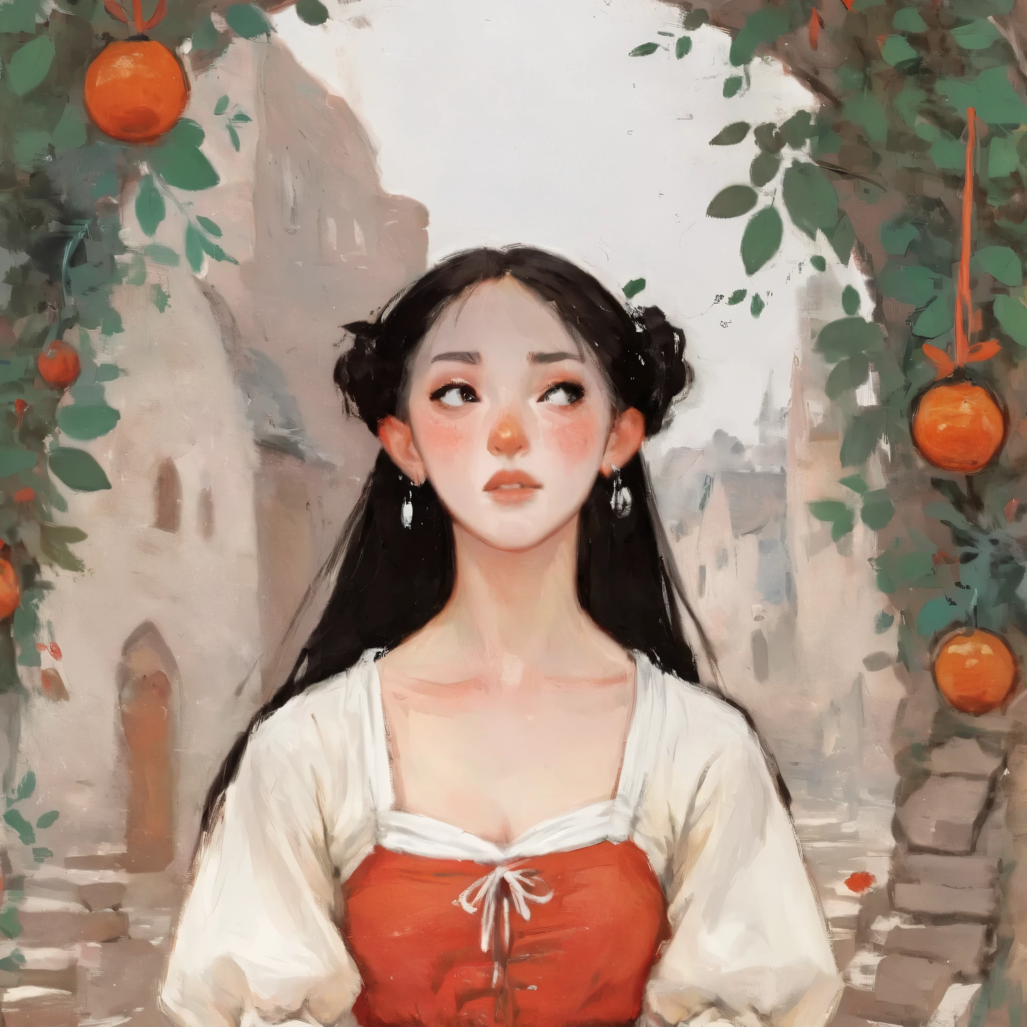 score_9, score_8, score_7, score_8_up, score_7_up, 1girl, cute gorgeous elf standing in a white background, wearing a linen red peasant medieval dress, small breasts, narrow waist , portrait painting, pastel colors, flat shading, emotional scene, crying, neon highlights, cartoon, in gougoupaintleaves style:1.5, cartoon, illustration, sketch, sketch lines, gouache painting, upper body shot, focus on face, dynamic angle:1.5, illustrStyle, sattan
