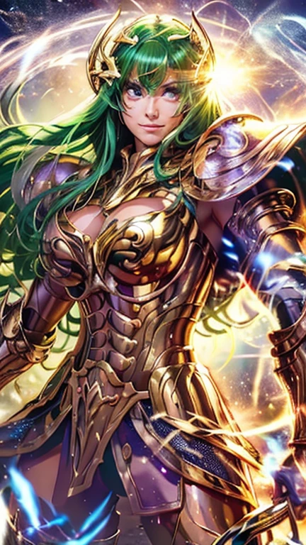 a beautiful female saint seiya, seductive body,In a bright movie light, a highly detailed depiction of Saint Seiya in their iconic Gold Armor stands out. The armor shines brilliantly with a realistic and hyper-realistic level of detail, accentuating every piece and intricacy. The Saint Seiya character stands tall, emanating a sense of power and determination, with their eyes gleaming and their lips delicately carved. The entire scene is set against a clean background, allowing the viewer's attention to be solely focused on the protagonist and their gold armor. The universe serves as the backdrop, with nebulae and stars filling the sky, creating a sense of awe and grandeur. The colors in the scene are bright and vivid, contributing to the overall visual impact. The lighting is expertly executed, highlighting the protagonist and capturing the essence of the original Saint Seiya series. The image is of the highest quality, with a resolution of 8k, ensuring every minute detail is visible. This artwork is trending and showcases the talent of the artist in creating a highly detailed and visually captivating representation of Saint Seiya in their Gold Armor.