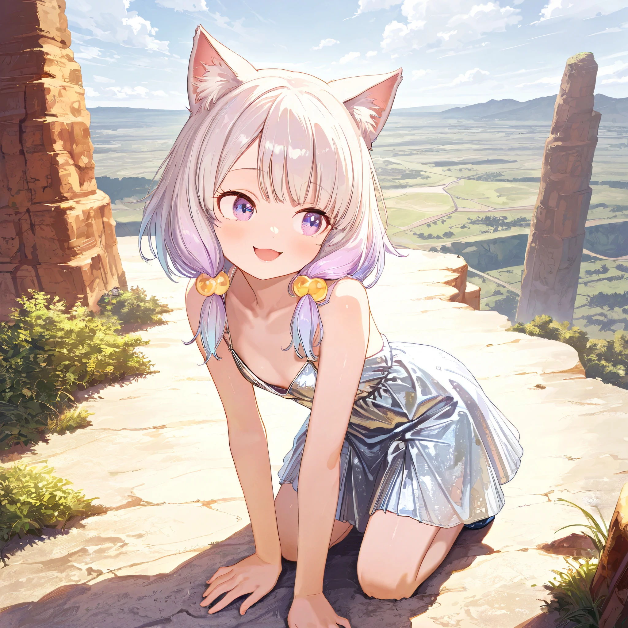 (Masterpiece)), ((best quality)), (8K), (Realistic), (detailed background:1.2), (super detail:1.2),(High Definition:1.3), (Professional Photography:1.2), (very aesthetic:1.2), (absurdres:1.2), (sharp focus), ((1girl)), Cute young Girl, (Textured skin), Big eyes, (pale purple eyes, gradient eyes, looking at side), platinum-gold hair, (Asymmetrical bangs), gradient hair, (pink color Hair Tip), (medium hair, low-tied sidelooks), (small breast, Healthy slim body), ((naughty smile)), open mouth, (cute cheeks), glossy lips, pouty lips, (lower eyelashes), (tilt head), (put on cat ears), Beautiful collarbones, BREAK, (white flapper dress, sleeveless dress, gold embroidery), ((pull up the skirt hem, pull by self)), (loose kneeling on the Collapsed cliff), Vast forests spread out below, outdoor, (Beautiful landscape, sunnyday),