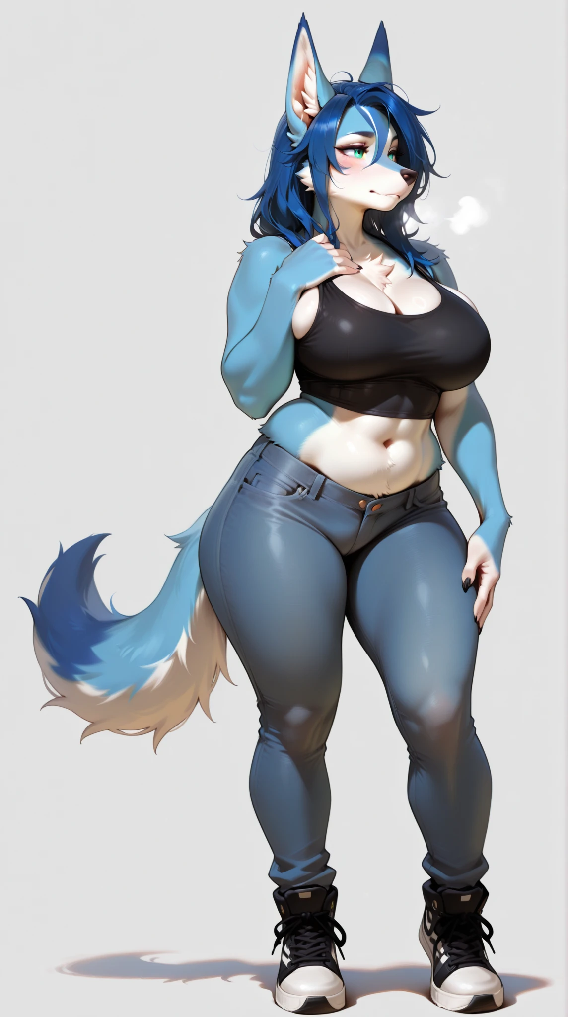 Malamute, female, long hair, gorgeous, beautiful, eyelashes, voluptuous, plump, belly rolls, fat arms, fat legs, ,tank top, shorts ,huge saggy breasts ,fringe on eye,heavy top, huge hips huge thighs heavy bottom ,sports bra,sports shorts, simple background , obese, belly rolls, fat rolls, belly rolls,belly overhang,rolled up tail, blue body, light blue stripes,blue highlights ,white,whitehighlights, blue highlights, blue stripes,blue hair,huge butt, blue eyes,blue thigh markings,huge breasts,