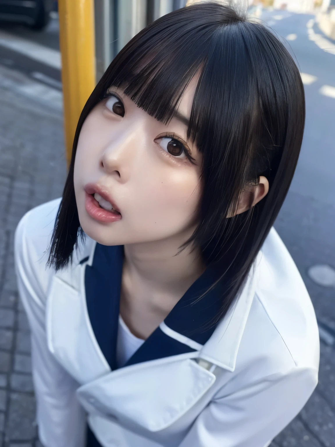 High resolution photos of long-haired young Japanese female idol wearing sailor suit, intricate details, very detailed, sharp concentration, Alone, 1 girl, is the focus of the face, Look up, looking up at the camera, pale skin on a street car, detailed face, detailed eyes, natural makeup , 官能的な顔,
(open your mouth wide, white semen in her mouth), indoors, , view from above,