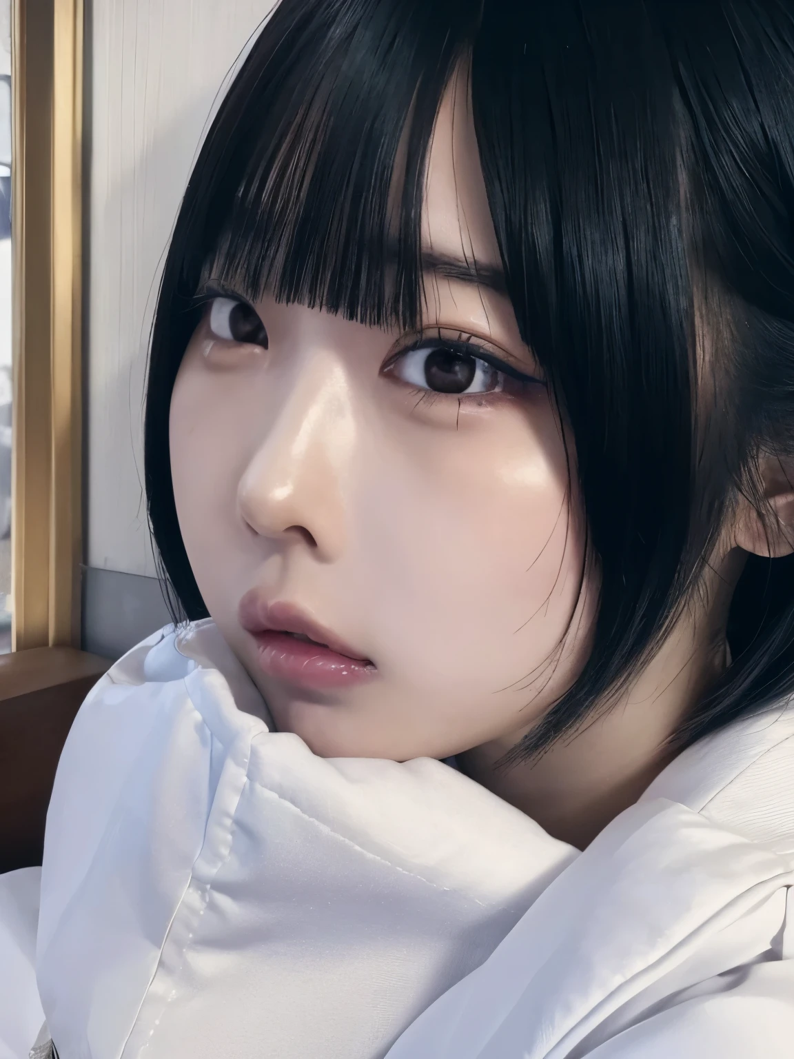 young Japanese female idol sitting on a bed, intricate details, sharp concentration, Alone, 1 girl, is the focus of the face, face, looking at camera, pale skin on a street car, detailed face, detailed eyes, seductive eyes, natural makeup ,
( open your mouth, After blowjob、 Cum In Mouth), indoors,