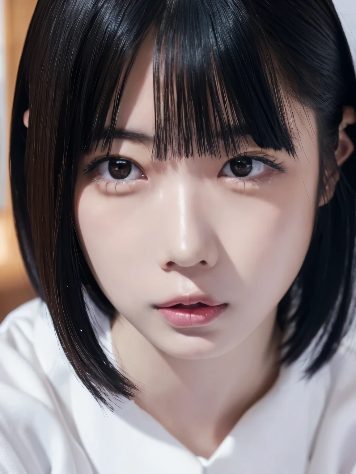 young Japanese female idol sitting on a bed, intricate details, sharp concentration, Alone, 1 girl, is the focus of the face, face, looking at camera, pale skin on a street car, detailed face, detailed eyes, seductive eyes, natural makeup ,
( open your mouth, After blowjob、 Cum In Mouth), indoors,