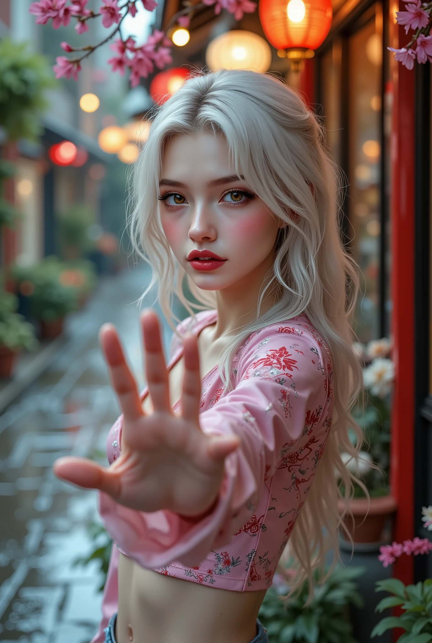  [Style: "masterpiece, realistic, Photorealistic realism, Hyper high resolution" - "(Hyper quality, intricate ultra-detailed digital art)"] (Key Directive: "The priority is the anatomical accuracy and texture of the materials as well as the quality of the eyes") {Character: "20-year-old white female" | Face: "symmetrical, pale skin, full lips, red lipstick: 1.15" | Eyes: "((sharp focus, no blurry eyes, Hyper absurd quality, Hyper details, {Hyper realistic brown eyes:1.4})) ((extra narrow eyebrows)) (Carefully draw Long blue_mascara:1.23) (perfect round eyes)" | Hair: "waist-length white curly (setting light reflections: 0.5)" | Pose: "dynamic side position" - "hand is stretched out towards the viewer (inviting hand gesture)" Outfit: [Top: "pink long sleeve crop top (a bold, feminine, elaborately detailed: 0.7)"] [Bottom: "short denim shorts ((tight, smooth))"] Environment: "garden street at sunset (((rain-slick cobblestones), colorful flowers, cherry blossoms))" | Lighting: - "Cinematic clarity and global illumination") Technical Specs: (DOF: "shallow, f/1.8, blurred crowd in background") (Post-Processing: "Specifications: (DPF: "deep, f/1.8, distinct garden in the background") (Post-production: "chromatic aberration: 0.7") (Rendering engine: "Unreal Engine 5 path tracing, 16K texture maps") }