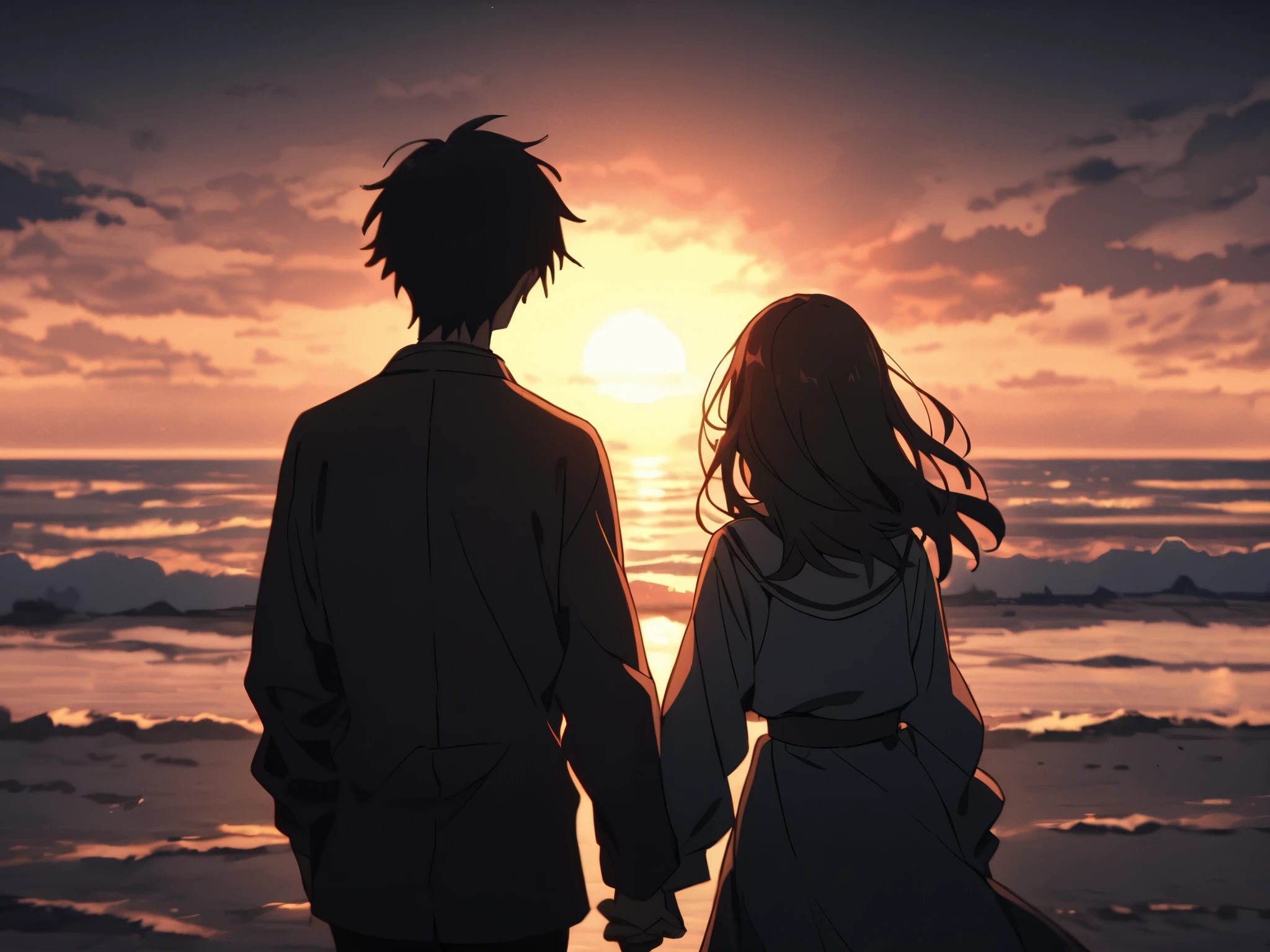 a boy and a girld holding hands watching sunrise after terrible darkness have passed