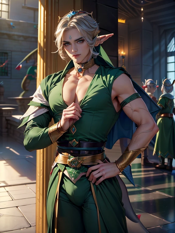 (hyper-realistic digital illustration), (perfect face:1.1), (high detail:1.1) one extremely handsome male elf (naked torso) wearing micro green g-string, mage long green cloak, clean shaved, front view, lying on his back, holding legs raised, athletic body, (white skin), bare chest, flat chest,(long green hair scruffy ), serene expression, small waist, muscular. best quality, high-resolution