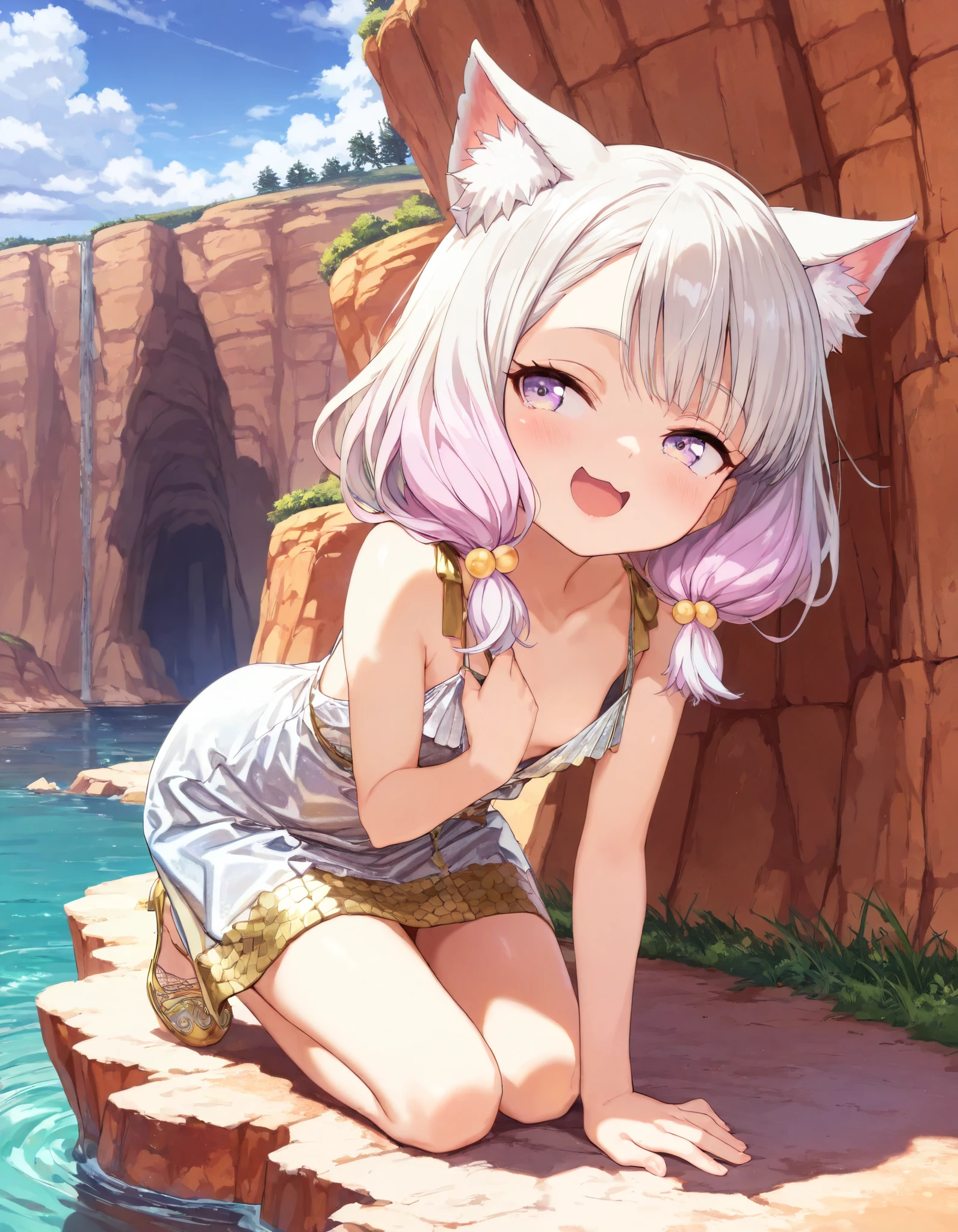 ((Masterpiece)), ((best quality)), (8K), (Realistic), (detailed background:1.2), (super detail:1.2),(High Definition:1.3), (Professional Photography:1.2), (very aesthetic:1.2), (absurdres:1.2), (sharp focus), ((1girl)), young Girl, (Textured skin), Big eyes, (pale purple eyes, gradient eyes, looking at side), platinum-gold hair, (Asymmetrical bangs), gradient hair, (pink color Hair Tip), (medium hair, low-tied sidelooks), (small breast, Healthy slim body), ((laughing)), open mouth, (cute cheeks), glossy lips, pouty lips, (lower eyelashes), (tilt head), (put on cat ears), Beautiful collarbones, BREAK, (white flapper dress, sleeveless dress, gold embroidery), ((pull up the strap, pull by self)), (loose kneeling on the Collapsed cliff), Vast forests spread out below, outdoor, (Beautiful landscape, sunnyday),