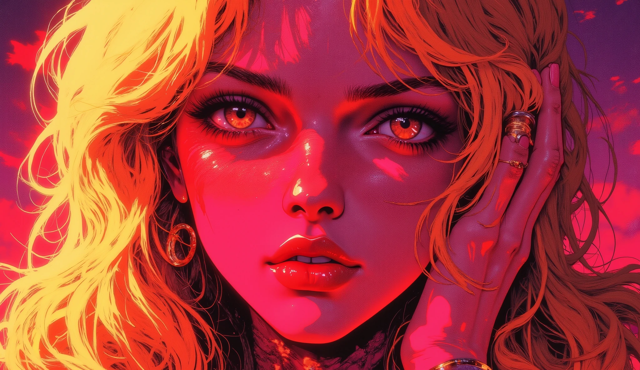 (( RAW photo), absurd, ( absurd resolution)), masterpiece, best quality, (Extremely detailed 8k unit CG wallpaper), ( best illustration ), ( best shade), Realistic lighting, skin complexion detailed and beautiful shine, (( 21 years old)), chica, long blonde hair, Queen, Huge fire violeta, with pink, red lipstick, (((Photographic perspective of it)))