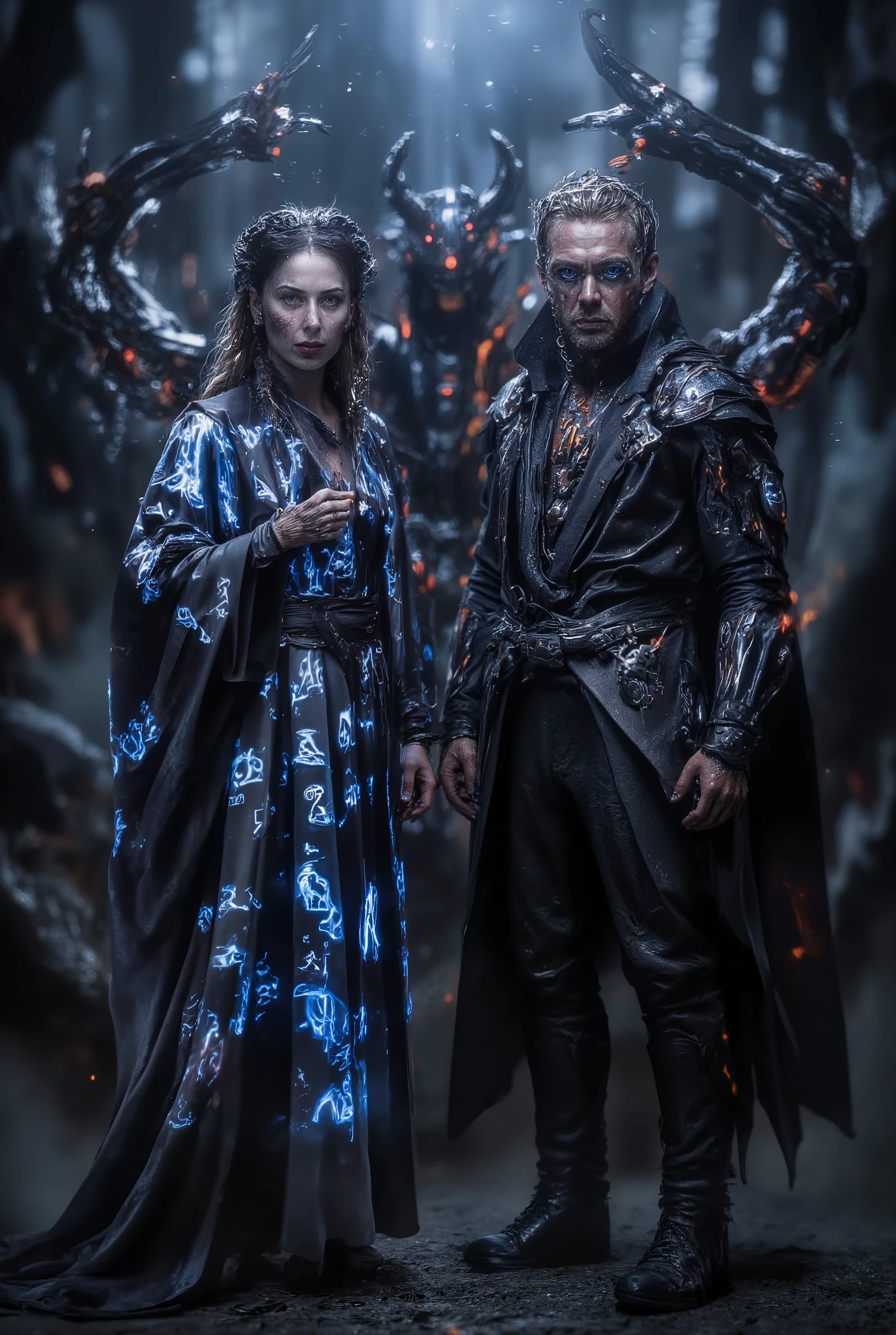 A mage and a technician, a brother and sister, stand side by side, full-body visible, with determined expressions. The mage wears an enchanted dark robe adorned with glowing mystical runes and holds a staff, while the technician is dressed in a practical, reinforced outfit equipped with mechanical gadgets. Behind them, a chaotic creature emerges from the shadows, its form blurred and menacing. The scene is dominated by dark tones, with bluish hues adding a mystical and eerie atmosphere, in a dark fantasy style.