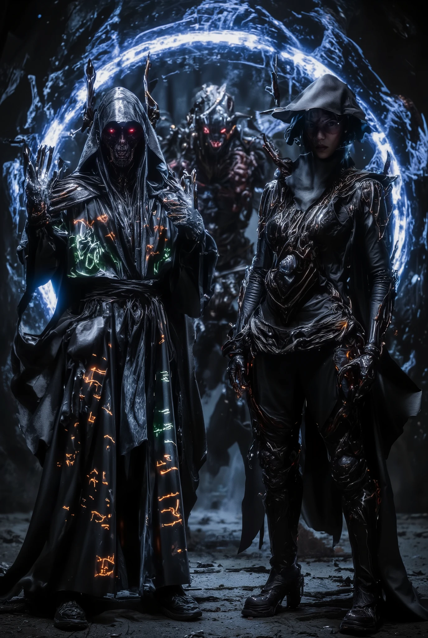 A mage and a technician, a brother and sister, stand side by side, full-body visible, with determined expressions. The mage wears an enchanted dark robe adorned with glowing mystical runes and holds a staff, while the technician is dressed in a practical, reinforced outfit equipped with mechanical gadgets. Behind them, a chaotic creature emerges from the shadows, its form blurred and menacing. The scene is dominated by dark tones, with bluish hues adding a mystical and eerie atmosphere, in a dark fantasy style.