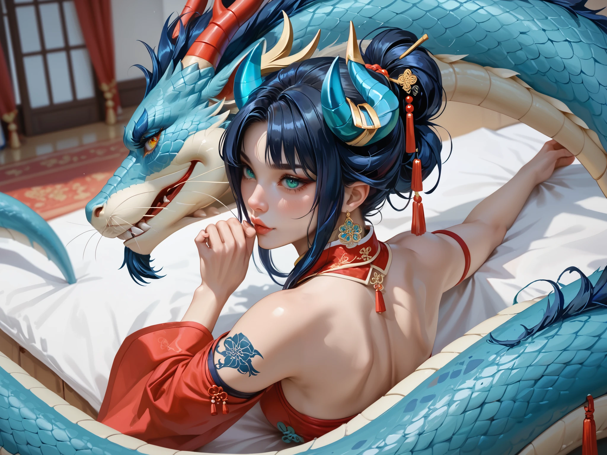 Girl is Azure dragoness Lúng,she is humanoid Eastern dragon. Her hybrid appearance: indigo blue/black straight shoulder-length hairstyle, her bangs are pinned up and pulled back. She has green jade eyes with narrow pupil . she has 4 curved branched horns are located on the forehead. She has long pointy blue fluffy dragon ears. on her sacrum is located a immensely long mighty scaly dragon tail with black mane along the spine and black fluffy tassel on tip of her tail. On her limbs(arms and legs),back,neck,cheeks are fully covered with navy blue / azure scales with Nazar pattern. on her hands fingers and feet toes she has long golden crescent-shaped claws. She a long processes of olfactory dragon whiskers extend from the lower corners of her jaw. She has red stripes tattoos on her face , and all over her body. Her lips navi blue, she has a gold sharp fangs. She's wearing a red qipao. She doesn't wear shoes, she's barefoot.