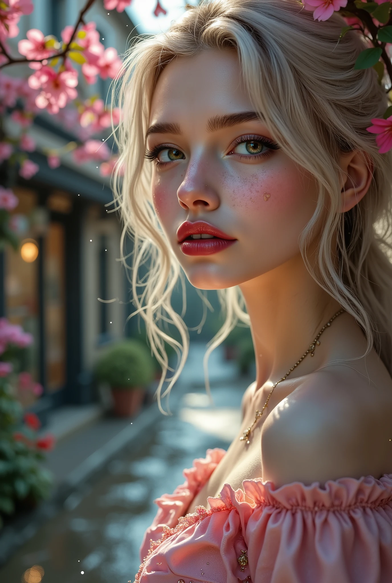  [Style: "masterpiece, realistic, Photorealistic realism, Hyper high resolution" - "(Hyper quality, intricate ultra-detailed digital art)"] (Key Directive: "The priority is the anatomical accuracy and texture of the materials as well as the quality of the eyes") {Character: "20-year-old white female" | Face: "symmetrical, pale skin, full lips, red lipstick: 1.15" | Eyes: "((sharp focus, no blurry eyes, Hyper absurd quality, Hyper details, {Hyper realistic brown eyes:1.4})) ((extra narrow eyebrows)) (Carefully draw Long blue_mascara:1.23) (perfect round eyes)" | Hair: "waist-length white curly (setting light reflections: 0.5)" | Pose: "dynamic side position" - "hand is stretched out towards the viewer (inviting hand gesture)" Outfit: [Top: "pink long sleeve crop top (a bold, feminine, elaborately detailed: 0.7)"] [Bottom: "short denim shorts ((tight, smooth))"] Environment: "garden street at sunset (((rain-slick cobblestones), colorful flowers, cherry blossoms))" | Lighting: - "Cinematic clarity and global illumination") Technical Specs: (DOF: "shallow, f/1.8, blurred crowd in background") (Post-Processing: "Specifications: (DPF: "deep, f/1.8, distinct garden in the background") (Post-production: "chromatic aberration: 0.7") (Rendering engine: "Unreal Engine 5 path tracing, 16K texture maps") }