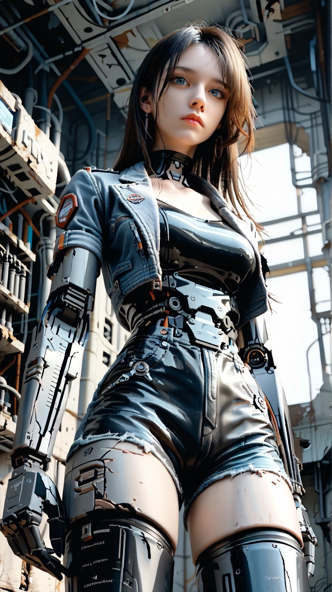 (((masterpiece))), (realism, realism texture, (science fiction, distant future), (top Quality, High Quality, top resolution, high resolution, (ultra detailed, high detailed))), (beautiful latex racing model robot girl:1.4), (she is incredible machine:1.4), (beautiful face), (thin lips, wide mouth), blue lighting eyes, (polished short shorts:1.6), (robot armor:1.4), machine frame, (black metallic latex cropped jacket:1.2), (steel knee-high greaves, (mechanical hands)), (robot joint:1.3), (robot neck joint:1.6), ((damaged machine parts, electronic component, complete parts), (severed arm:1.7), straight hair, Expressionless face, (cowboy shot:1.5), (closed mouth), (abandoned laboratory), looking at viewer, (from below:1.6), (extend hand:1.3)