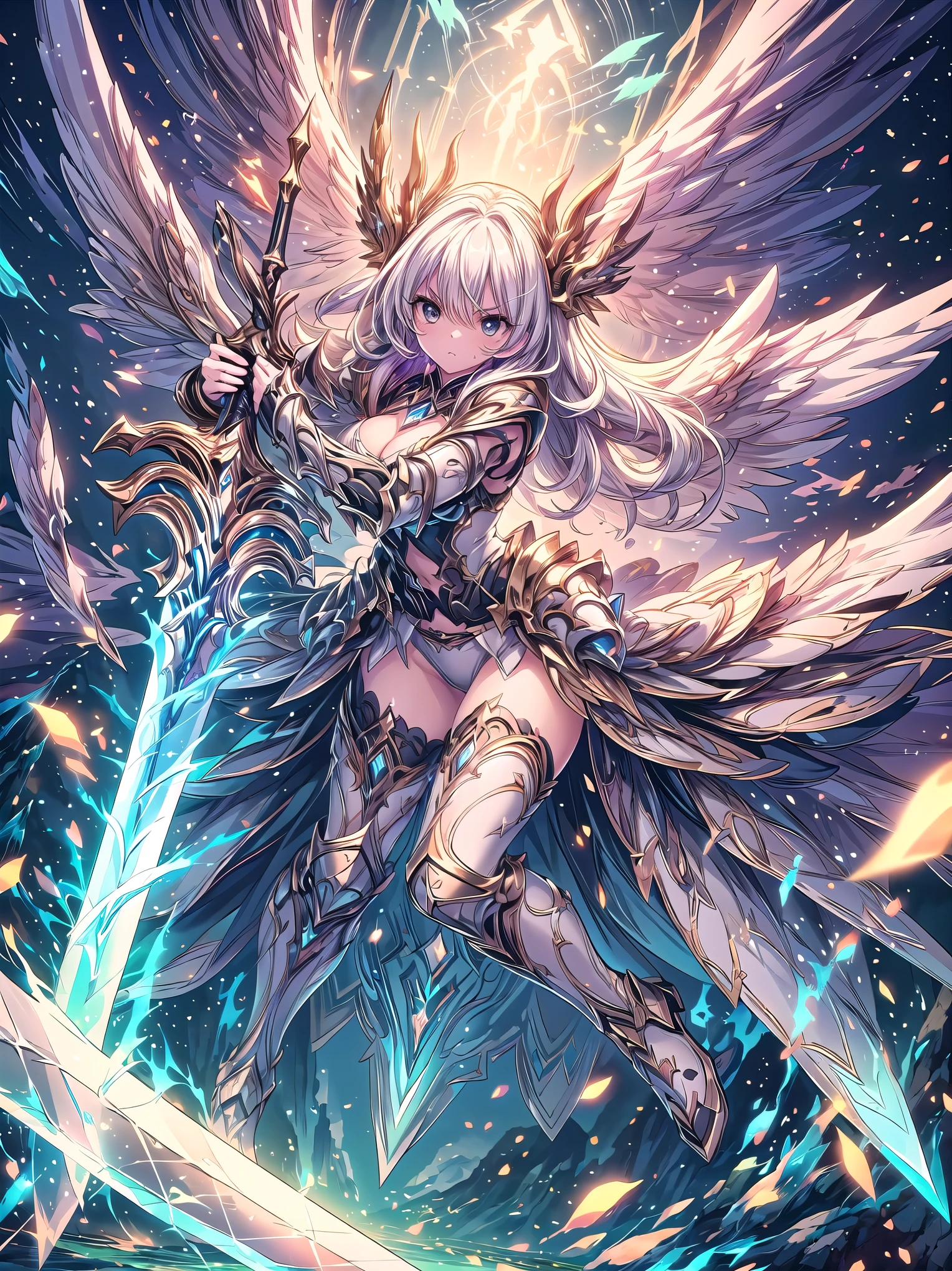 (((masterpiece, best quality, high detailed, 16k))), A girl holding a huge sword and shield in her hand, female goddess, Ornate Sword, divine sword, black eyes, white hair, beautiful bright blonde long hair, big breasts, white bikini dress, powerful and fantastic full armor, (close-up of sword), magical hearts of light, skinny waist, cleavage, thighs, thigh highs, glaring, weapon, (sword:1.3), fighting stance, dynamic angle, attack battle form, gripping, attack glaring, magnificent, celestial, epic, majestic, magical, fantasy art, cover art, glorious and holy light, Valhalla temple, heavenly and angelic background. (detailed face), (detailed eyes), ((full body front view)), (extremely detailed:1.5)
