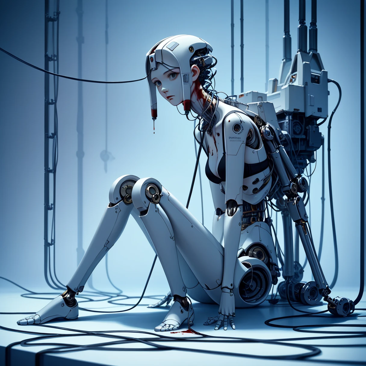 (((masterpiece))), (((best quality))), ((ultra-detailed)), (highly detailed CG illustration), ((an extremely delicate and beautiful)),(very dangerous skibidi),cinematic light,((1mechanical girl)),solo,full body,(machine made joints:1.4),((machanical limbs)),(explosed muscles),(blood vessels connected to tubes),(a brain in container:1.3),((mechanical vertebra attaching to back)),((mechanical cervial attaching to neck)),((sitting)),expressionless,(wires and cables attaching to head and body:1.5),small breasts,short hair,(character focus),science fiction