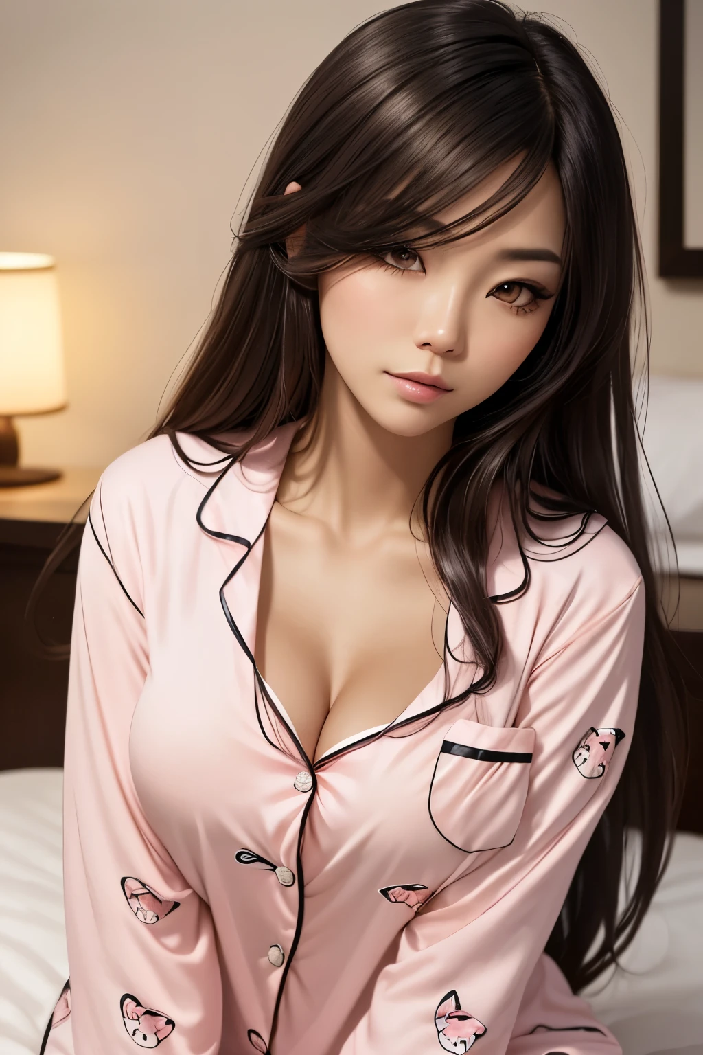 woman sex, in tight-button pajamas, breasts also medium , thick thighs, in lace panties