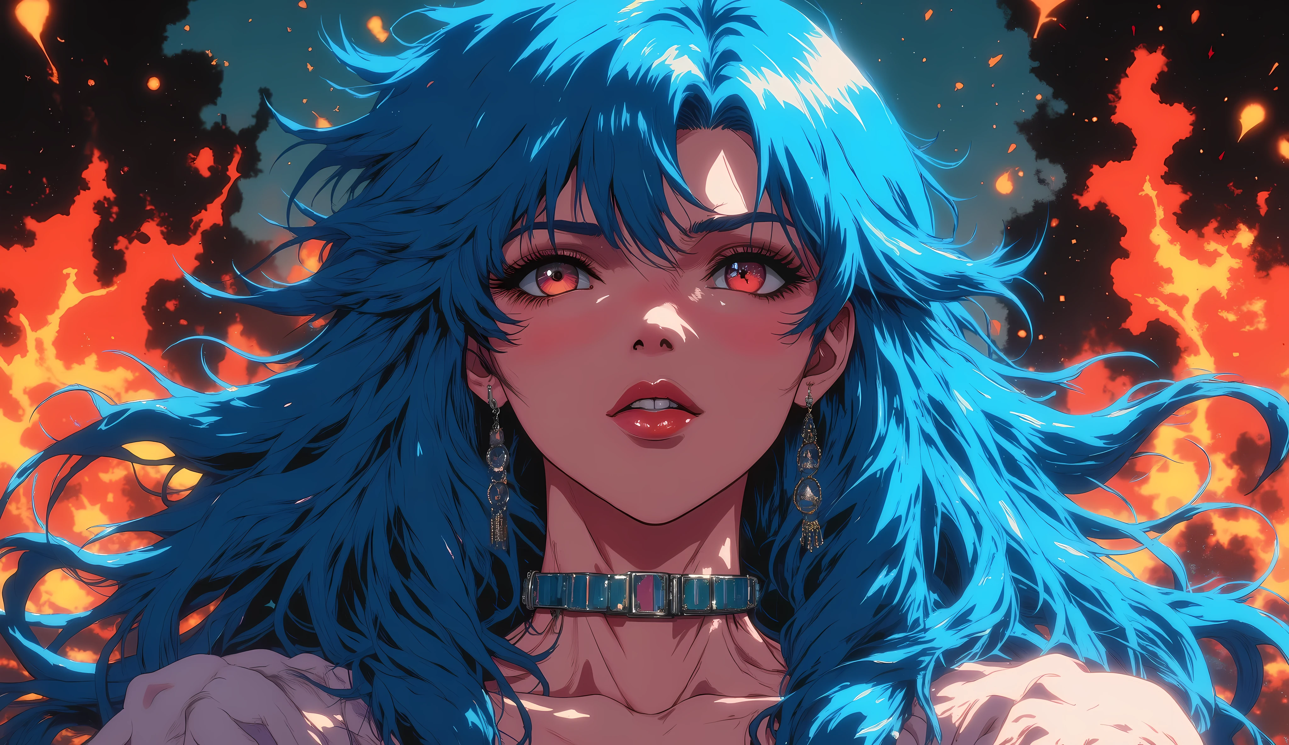Anime girl with blue hair and piercings in front of a fire - SeaArt AI
