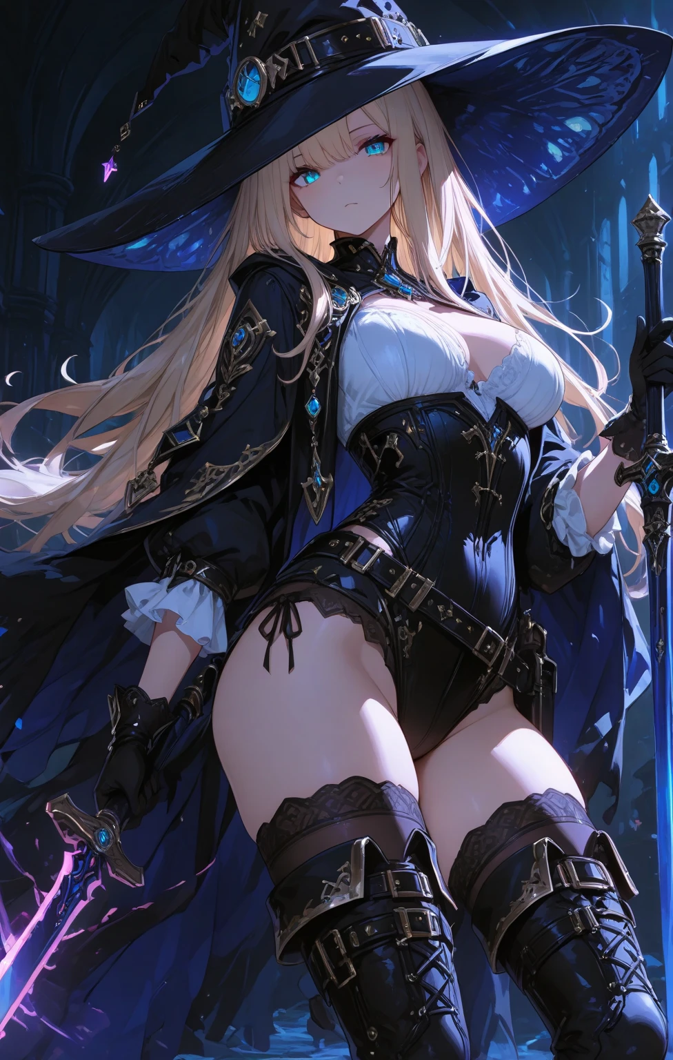 ((highest quality)), ((masterpiece)), (detailed), One girl, sexy,Silver Hair,blue eyes,Hair a little longer than shoulder length,Slanted Eyes,witch,Light clothing,Young girl,whole body,skirt,Knee-high boots,Bare Shoulder,character,Hentai manga,Medieval Fantasy,front,No background,Standing with your legs apart,Girl,Bangs up to above the eyes,The heel height is low,No hat,