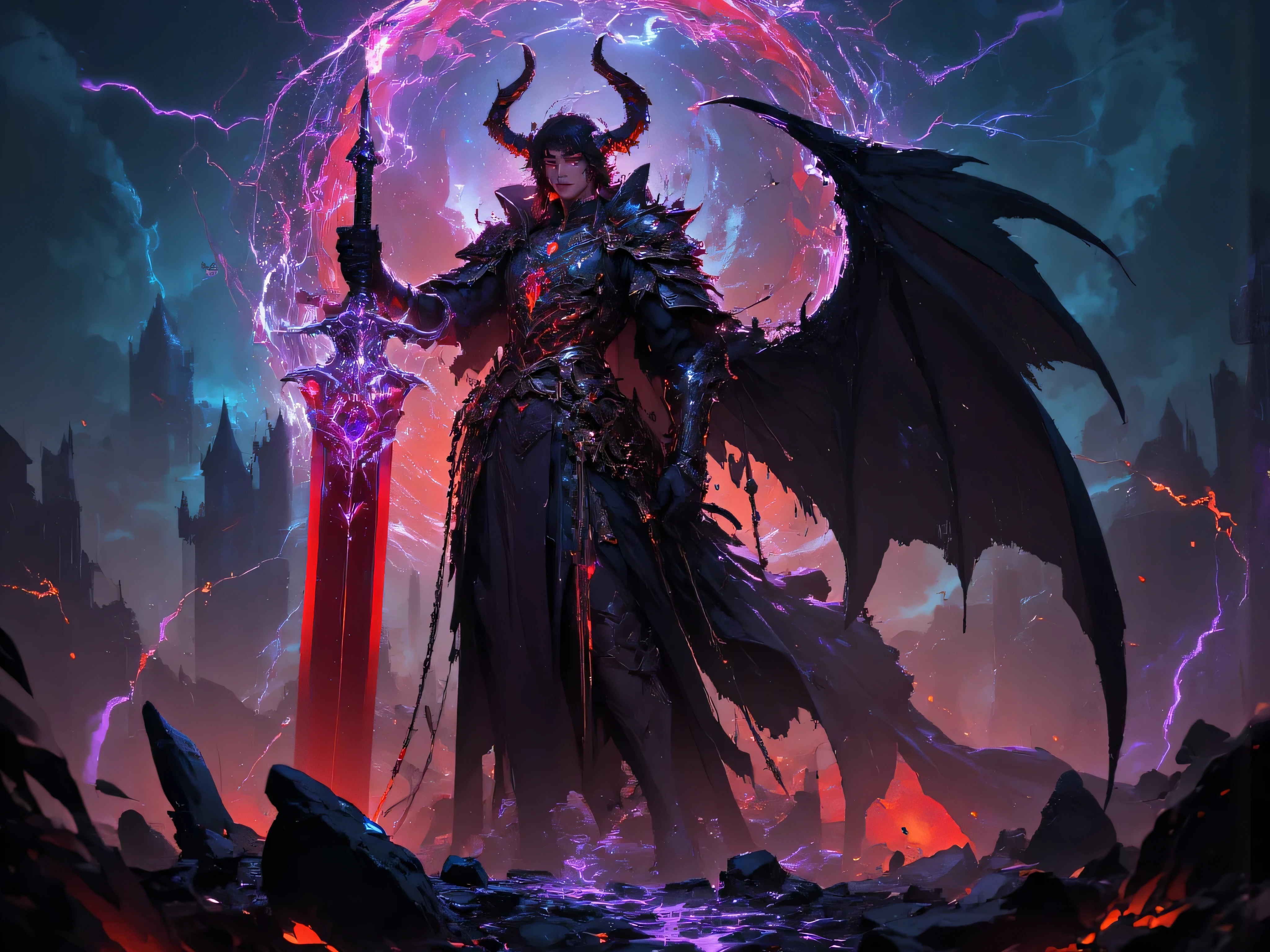 A powerful human-demon overlord exuding an aura of darkness and destruction. Though his body is that of a man, his very presence distorts the air with raw, unholy energy. He stands tall and imposing, his lean yet muscular frame wrapped in gothic, battle-worn armor etched with glowing infernal runes. His raven-black hair is short and tousled, partially falling over his sharp, angular features. A confident, cocky smirk plays on his lips, revealing a hint of sharp fangs. His skin is pale as moonlight, a stark contrast to his smoldering crimson eyes, which burn with a malevolent, otherworldly fire.
Curved black horns, cracked with molten red energy, rise from his head, giving him a fearsome yet captivating presence. From his back, massive tattered black wings extend, their edges frayed like shadows dissolving into the air. A long, whip-like tail, armored and ending in a deadly, bladed spike, sways behind him, pulsing with dark energy.
He wields a colossal, cursed greatsword, its jagged blade wreathed in crimson and violet flames, humming with malevolence. Chains of shadow coil around his arms, shifting and writhing as if alive, radiating dark magic. The air around him crackles with ominous energy, and the ruined castle behind him looms in the distance, swallowed by swirling red mist and flashes of dark lightning, a fitting throne for the bringer of apocalypse.
