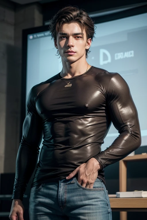 create a hyper-realistic domineering man. He has long black hair that goes down to his waist and is loose.. Your body is extremely muscular. Your expression is dark, serious and dominant. He is much older with his big and strong body.