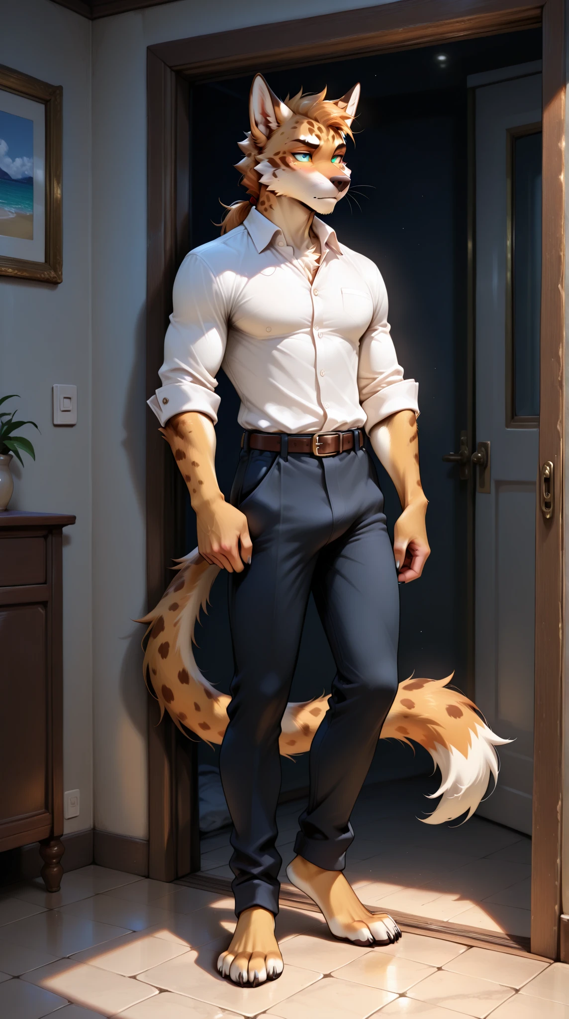 masterpiece, best quality, male, (((solo))) anthro, striped hyena, grey, fur, tail, leather pants, standing, detailed brown eyes, indoors, simple background