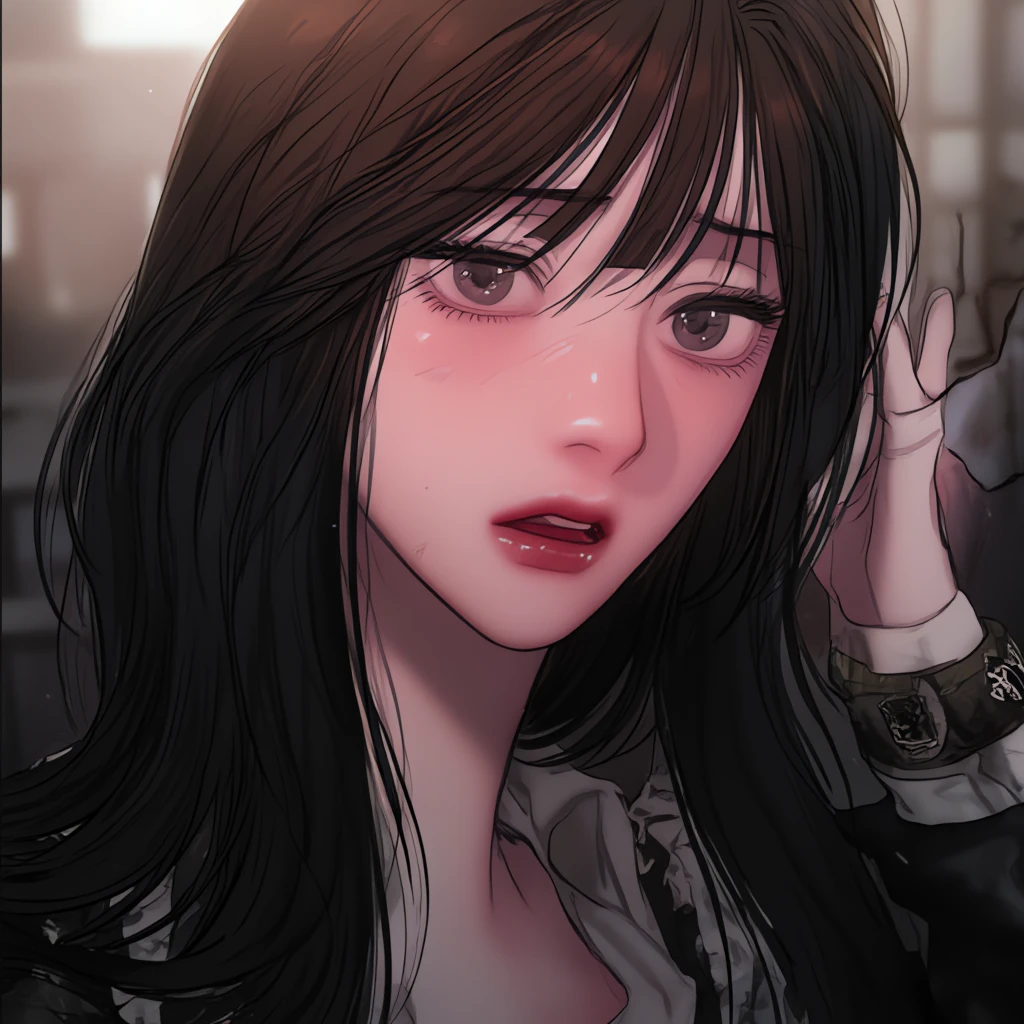 very long, smooth, black hair, Vintage style maid dress, black-and-white, red lipstick, shiny skin and tired eyes, sharp looks, slightly parted lips.