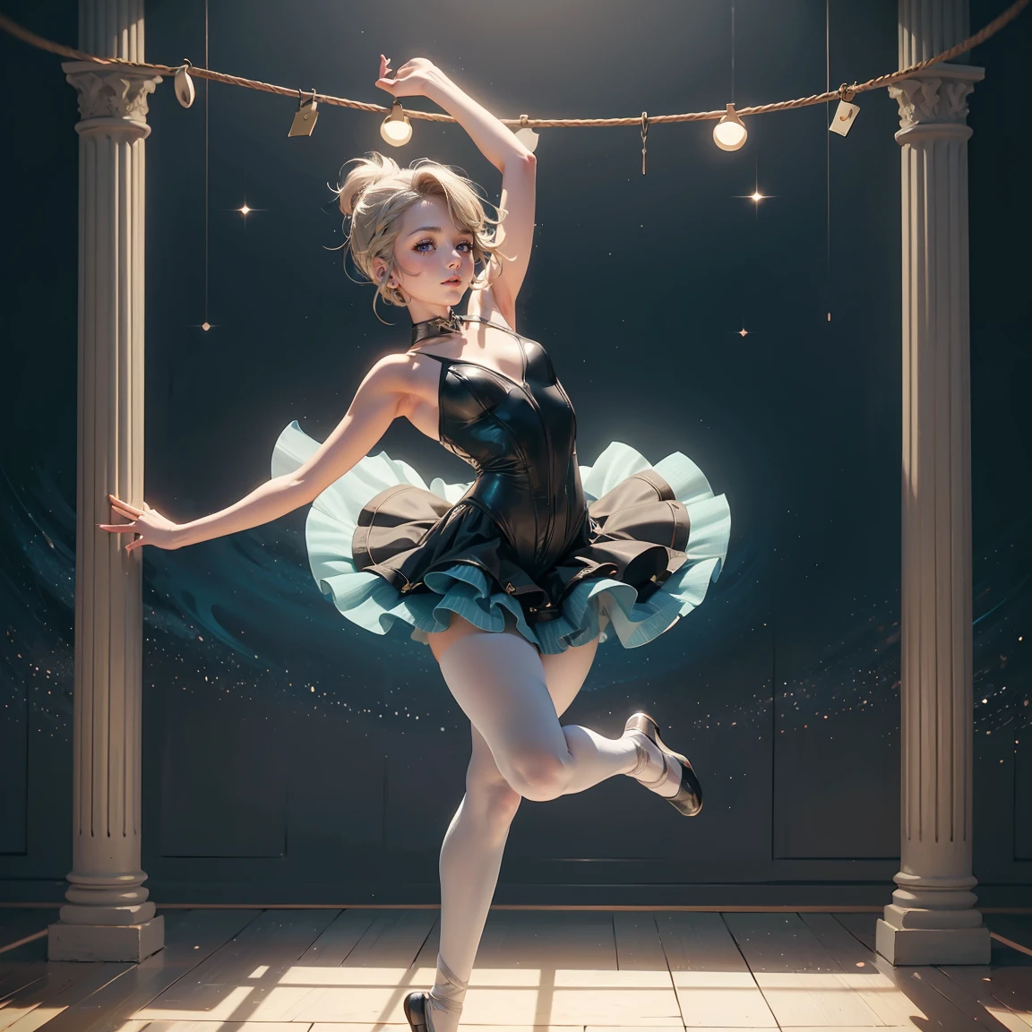 A glamorous ballet dancer, Full peach style, stylized anatomical, dance pose, de Biquini Branco, open arms, Biquini Branco, colored lights, palco de fundo com colored lights