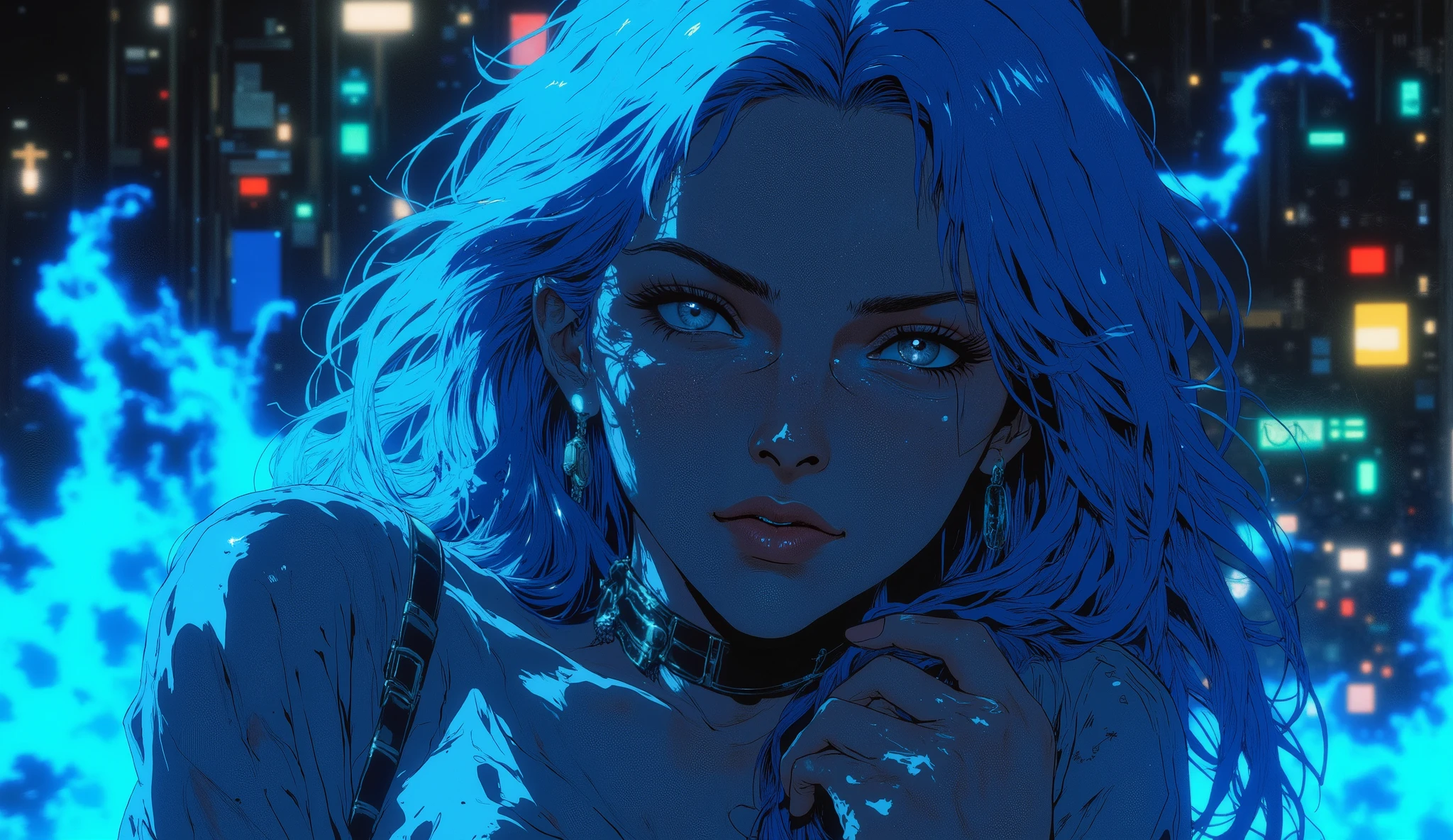 (( RAW photo), absurd, ( absurd resolution)), masterpiece, best quality, (Extremely detailed 8k unit CG wallpaper), ( best illustration ), ( best shade), Realistic lighting, skin complexion detailed and beautiful shine, (( 21 years old)), chica, long hair, Queen, Huge blue fire, red lipstick, (((Photographic perspective of it)))