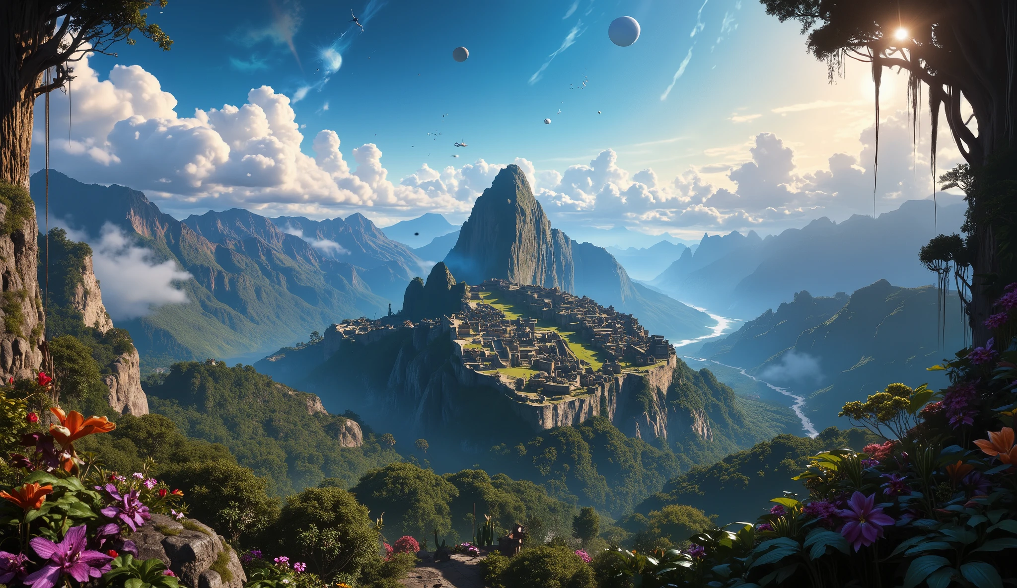 masterpiece, City of the Incas "machu picchu", a large forest , clouds everywhere , A planet in the sky , well-detailed pyramids, beautiful forest of breathtaking color, clouds all over the landscape, beautiful planet , wallpaper, 4k, HD, Detailed