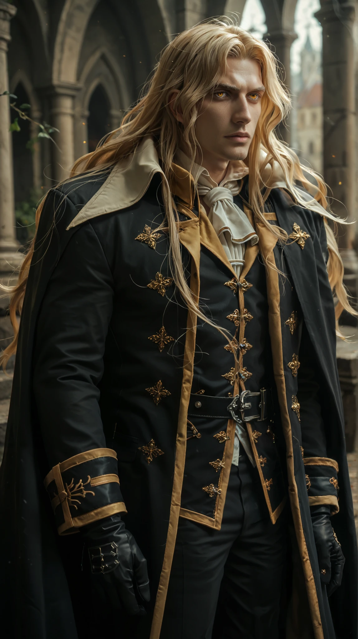 score_9, score_8_up, score_7_up, score_6_up, score_5_up, score_4_up, zPDXL2,source_anime,rating_questionable, 1boy, alucard_castlevania, long hair, cape, ascot, yellow eyes, black gloves, black pants, coat
