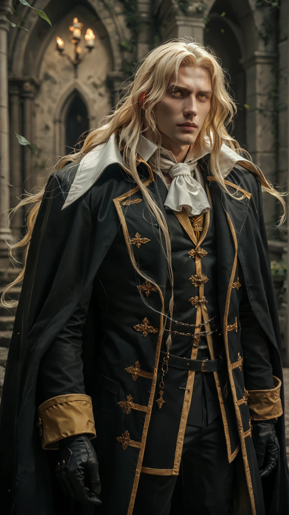 score_9, score_8_up, score_7_up, score_6_up, score_5_up, score_4_up, zPDXL2,source_anime,rating_questionable, 1boy, alucard_castlevania, long hair, cape, ascot, yellow eyes, black gloves, black pants, coat