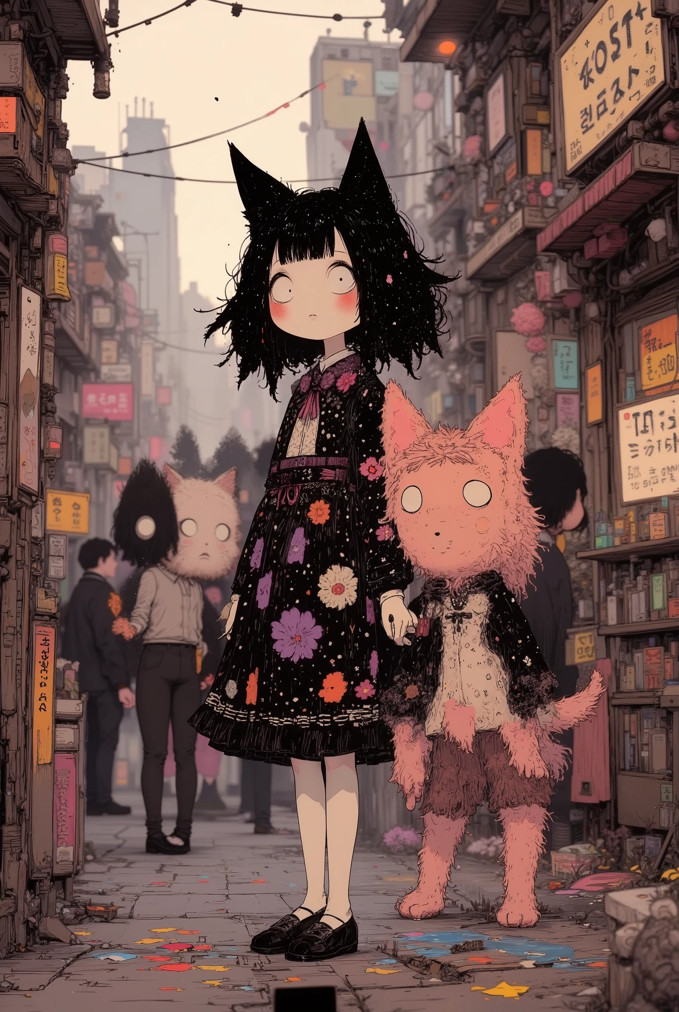 (High Definition, masterpiece, Accurate, top quality, High Definition model, high detail, (((The textures are soft))), ((matte and toy-like with a handmade premium look)), (((Tim Burton style))), A girl walking with a cat on the streets of Shibuya, best quality, (intricate details:1.1), beautiful detailed, beautiful hair, pupil details,solo, 1girl, japanese, blush, five fingers, ((Pupil details)), backlighting, ((five fingers)), big breasts,