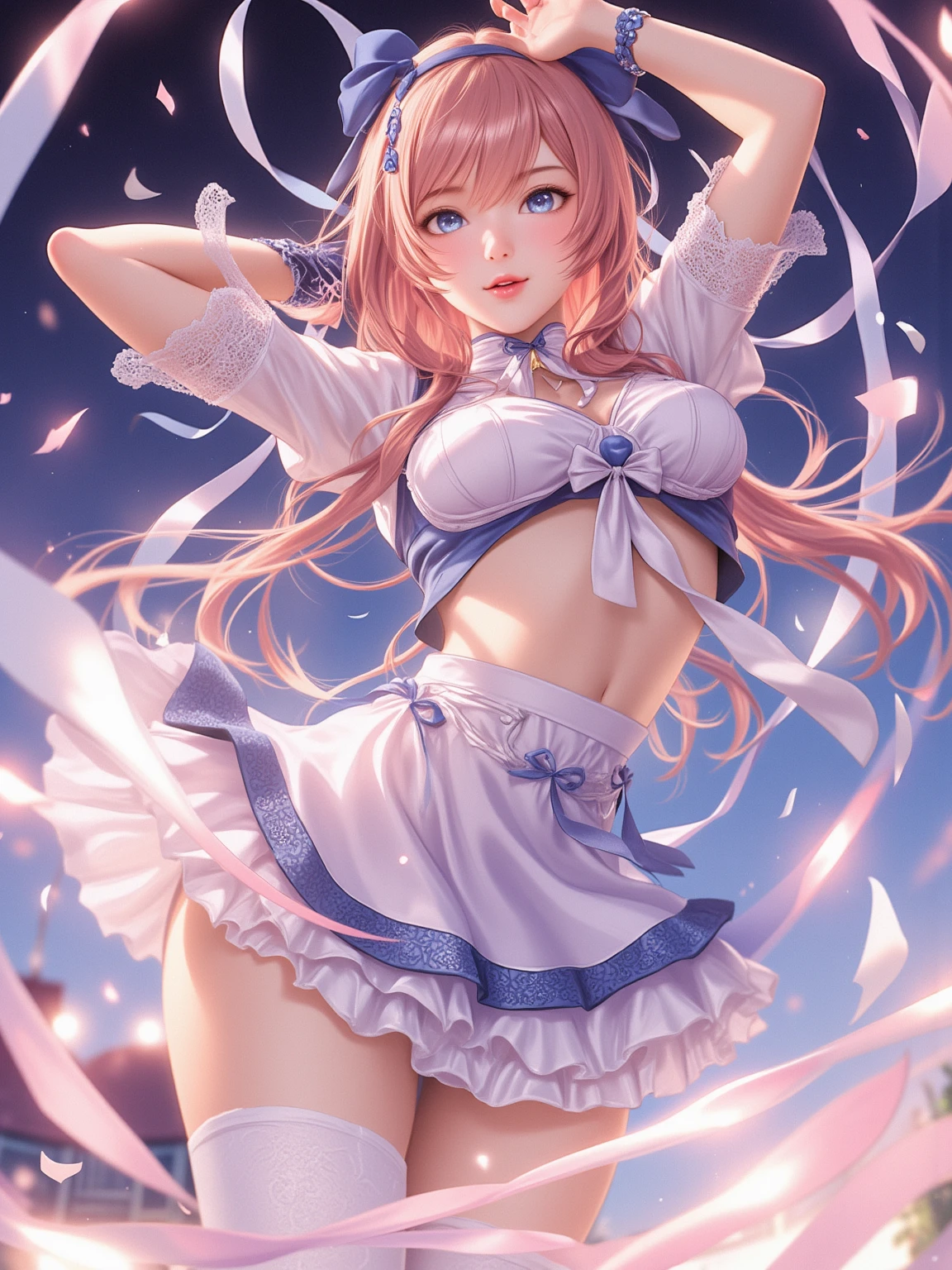 Shoujo Anime Characters ( 12〜15yo student), Beautiful eyes､Sorcerer of God, In the Starry Sky, blue and white、His theft and gold side､roll up the skirt､Make your underwear look embarrassing､White lace panties､s ass､Panties are digging into､A sexy､Sheer underwear､Nipples are visible､You can see the shape of the,spreading the legs a little､Nipples are floating､An ultra-high picture quality