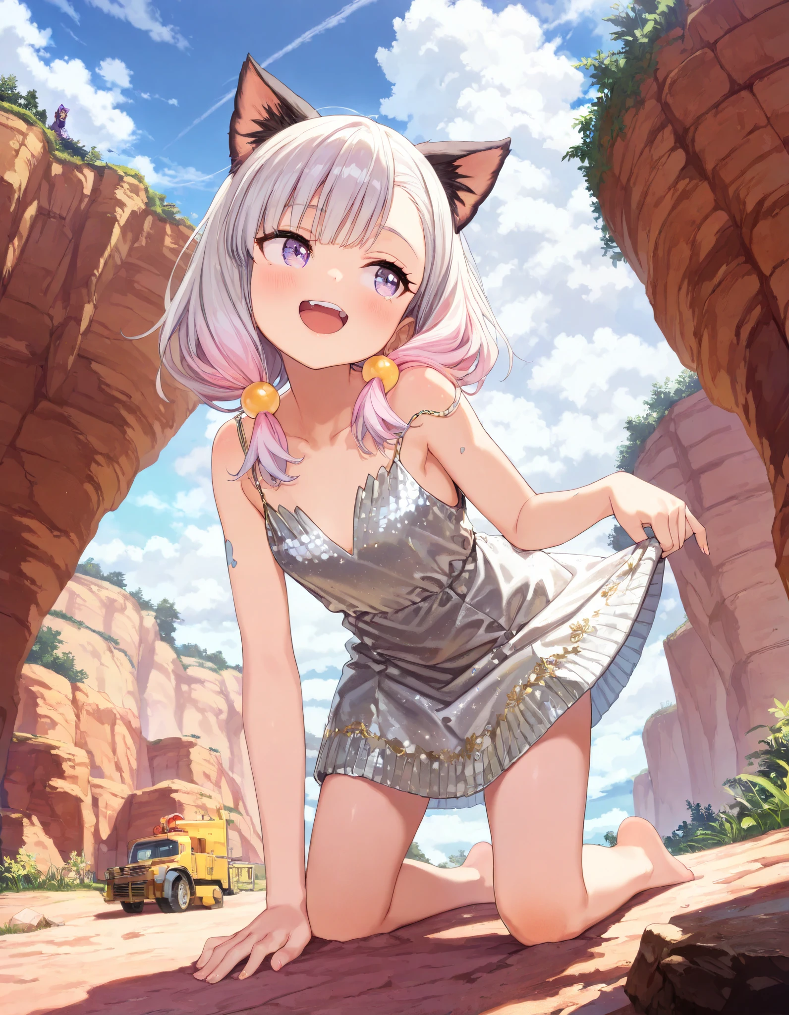 ((Masterpiece)), ((best quality)), (8K), (Realistic), (detailed background:1.2), (super detail:1.2),(High Definition:1.3), (Professional Photography:1.2), (very aesthetic:1.2), (absurdres:1.2), (sharp focus), ((1girl)), young Girl, (Textured skin), Big eyes, (pale purple eyes, gradient eyes, looking at side), platinum-gold hair, (Asymmetrical bangs), gradient hair, (pink color Hair Tip), (medium hair, low-tied sidelooks), (small breast, Healthy slim body), ((laughing)), open mouth, (cute cheeks), glossy lips, pouty lips, (lower eyelashes), (tilt head), (put on cat ears), Beautiful collarbones, BREAK, (white flapper dress, sleeveless dress, gold embroidery), ((lift the strap, lift by self)), (loose kneeling on the Collapsed cliff), Vast forests spread out below, outdoor, (Beautiful landscape, sunnyday),