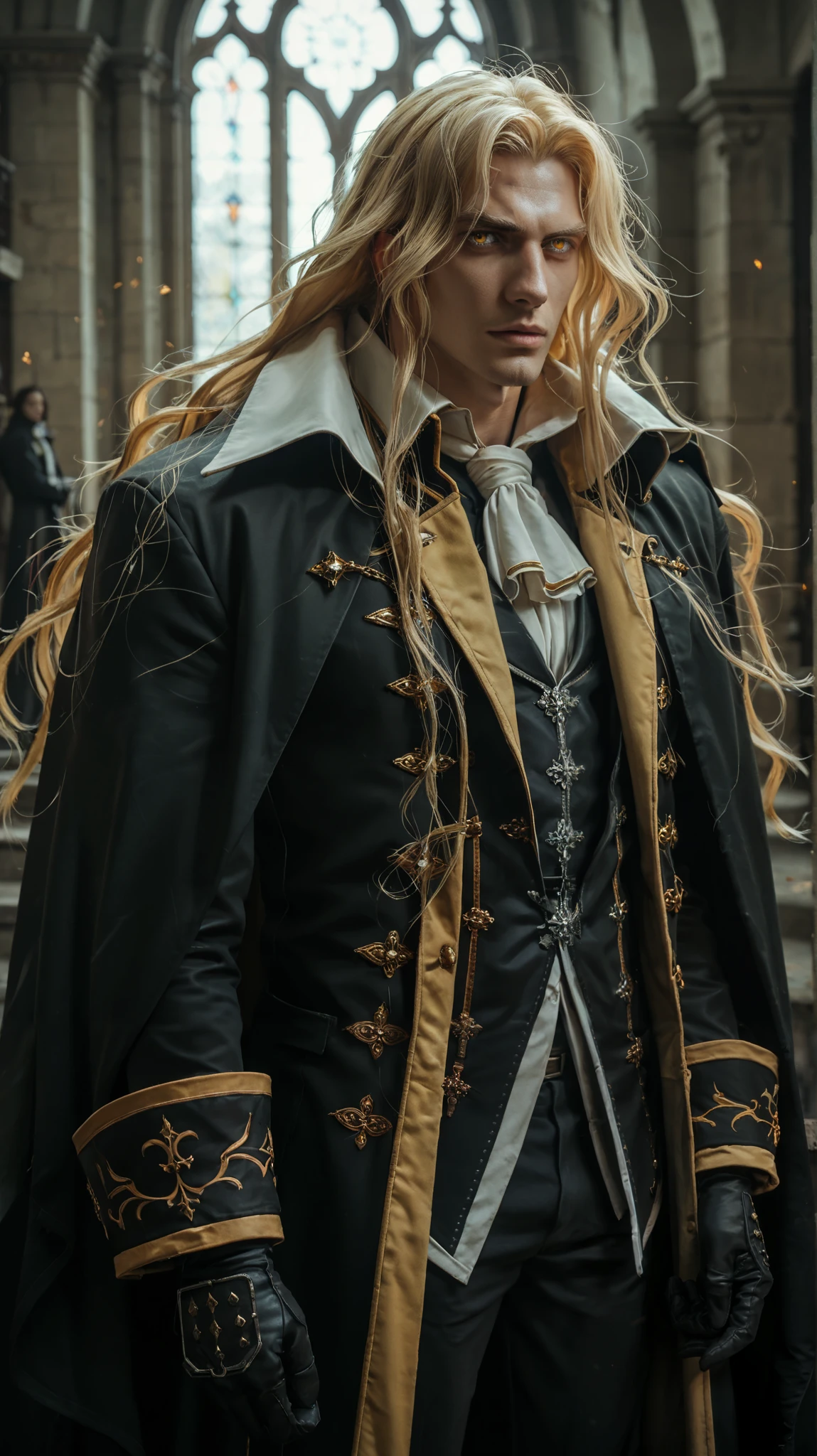 score_9, score_8_up, score_7_up, score_6_up, score_5_up, score_4_up, zPDXL2,source_anime,rating_questionable, 1boy, alucard_castlevania, long hair, cape, ascot, yellow eyes, black gloves, black pants, coat