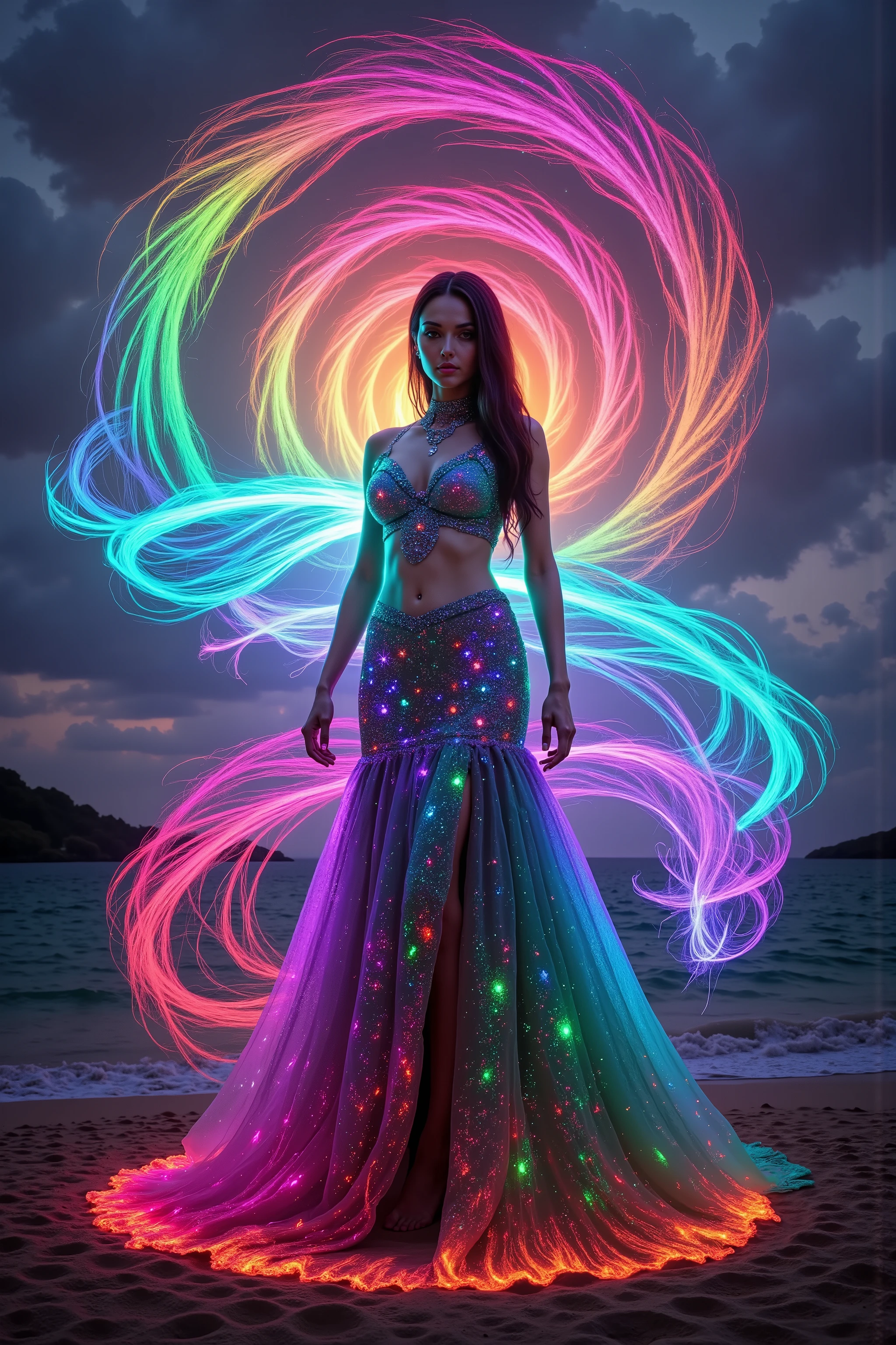 A very large spiral of multicolored light and energy comes swirling down with motion lines, sparkle, and smooth curving symmetry. From the very top of the screen to the very bottom, it twists itself around a beautiful Caucasian brunette woman wearing a mermaid style dress that comes down and opens up on the ground into a large circle around her feet. The glowing neon spiral weaves itself around her body and arms and pours out onto the ground in psychedelic patterns of light and color that contrast the colors and design of the beautiful dress which has intricate designs that have a natural feel and smooth symmetry that are aesthetically awesome. Light up the woman and dress with bright cinematic lighting, 4D mandelbulb psychedelics, glass-like underwater brightness, glossy trails of color and light, super bright fluorescent and hot neon colors, visually disorienting, hallucination inducing, optically stimulating, startling, stunning images, awe-inspiringly, best quality images and dress designs, ethereal, dream-like images, portrait photography, surrealism, photo-realistic, ultra-realistic hyper detailed, sparkle, psychedelic glowing light, reflecting light, overexposure, god rays, backlighting, depth of field, rotational symmetry, UHD, high details, high quality, super detailed, best quality, award winning, Masterpiece. The spiral and the dress reflect light everywhere, and they are infused with glow in the dark cyberpunk paint. Super bright, super saturated neon and fluorescent Colors.** Incorporate bright neon green, neon pink, neon orange, neon blue, neon purple, neon yellow, & blood red** Extremely bright glow and shine that sparkles and reflects!!! Give this image more light!!
