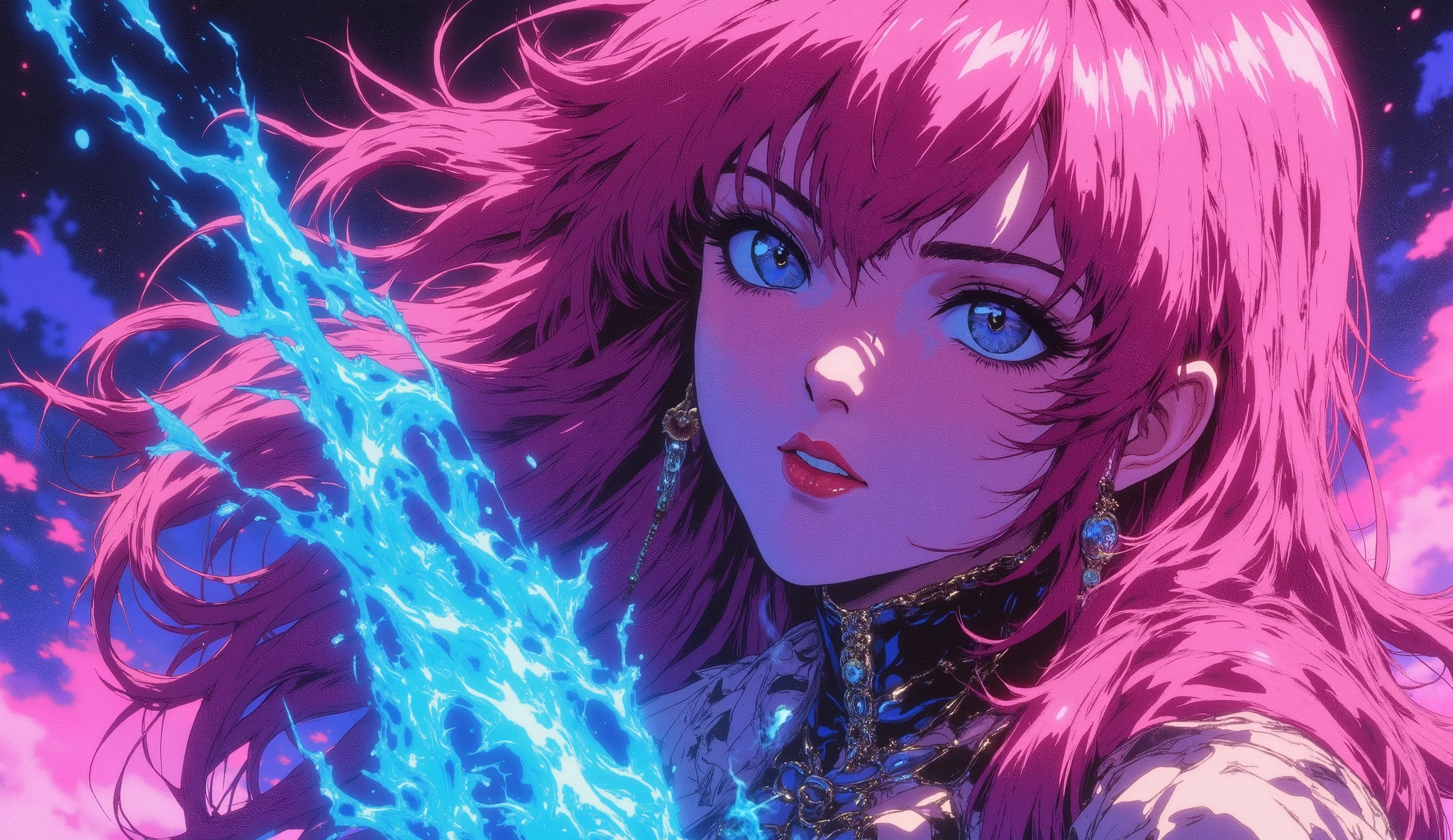 (( RAW photo), absurd, ( absurd resolution)), masterpiece, best quality, (Extremely detailed 8k unit CG wallpaper), ( best illustration ), ( best shade), Realistic lighting, skin complexion detailed and beautiful shine, (( 21 years old)), chica, long pink hair, flores, Huge blue fire, red lipstick, (((Photographic perspective of it)))