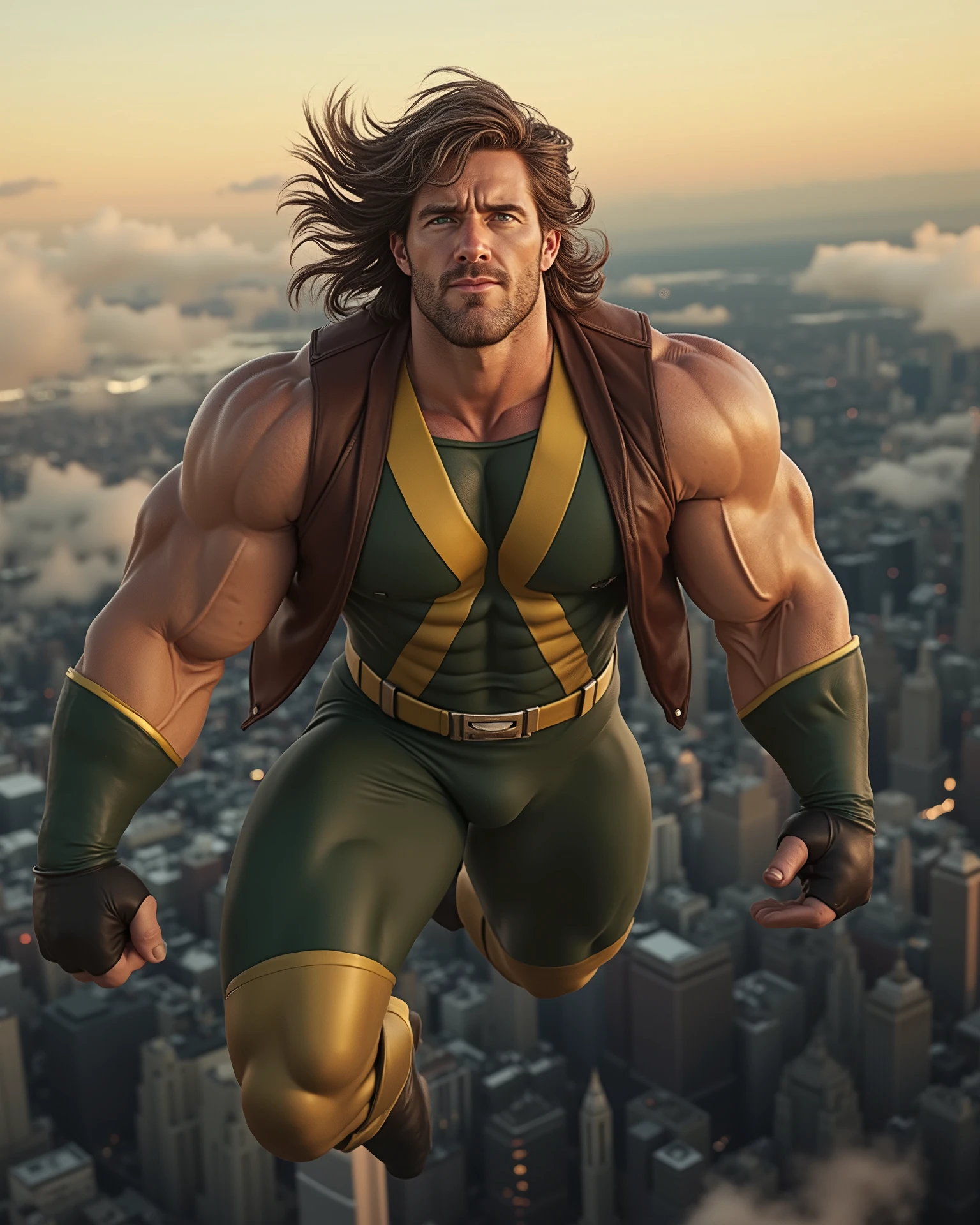 Masterpiece, Accurate, Award Winning, Best Quality, Extremely Detailed, 8K, HD, Super-Resolution, Cinematic Lighting, F/2.8 Aperture, 85mm Prime Lens, Dynamic Depth of Field, Photorealistic, Full Coloured, Shot on 70mm, 5D. A massively muscular male version of Rogue from X-Men is suspended mid-air high above New York City, captured in an epic, high-budget CGI photoshoot. His imposing, bodybuilder physique is fully displayed, his massive veined biceps, deep-cut eight-pack abs, and thick, powerful thighs flexed as if caught in motion. His signature chestnut hair, streaked with white at the front, flows wildly in the wind, framing his intense emerald eyes and chiseled, ruggedly handsome face. His square jawline and subtle scruff add to his undeniable Southern charm, a smirk tugging at his full lips.
He is clad in a skintight green and yellow X-Men suit, redesigned to accentuate every sculpted muscle, the fabric stretched taut over his broad chest and enormous shoulders. A cropped brown leather jacket flutters in the wind, its sleeves rolled up to reveal his powerful forearms wrapped in fingerless gloves, a reminder of his lethal touch. His thick, tanned skin gleams under the cinematic studio lighting, enhanced by dramatic high-contrast shadows that highlight every curve and ridge of his muscular frame.
The background is a breathtaking aerial view of New York City, captured from a towering vantage point, with skyscrapers stretching into the distance, bathed in the golden glow of the setting sun. The city lights flicker below, creating a surreal blend of warm and cool tones, while wisps of clouds drift past him, heightening the sense of movement and grandeur. The dynamic angle of the shot, slightly tilted upwards, makes him appear godlike, an untouchable force of power and allure. His pose is bold and heroic, his massive arms spread wide, fingers slightly curled as if reaching for something just beyond his grasp. His eyes burn with intensity, conveying a mix of confide