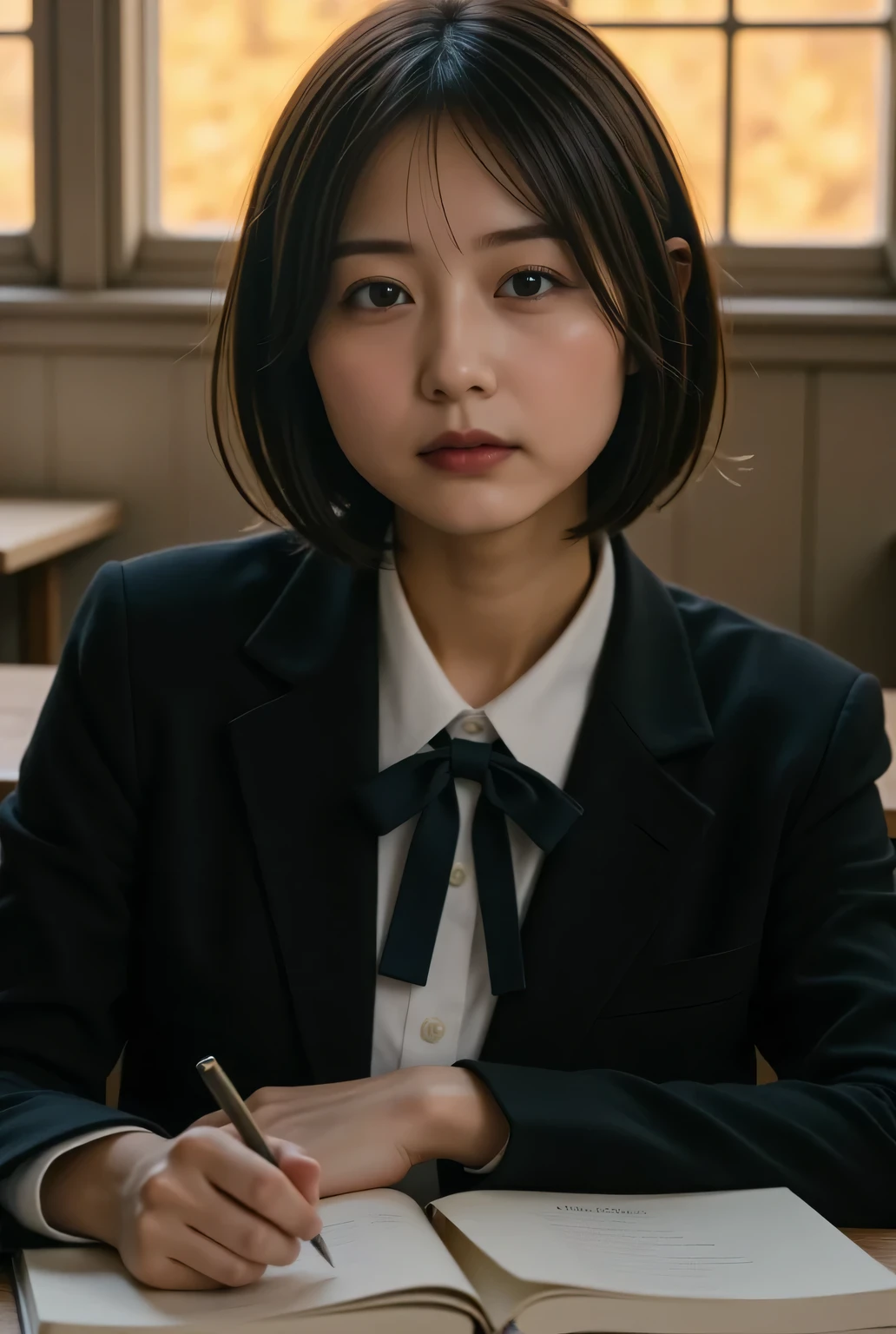 Dramatic Scenes , shadow, Global Illumination, alone, retro female student photo :1.331, by Nomi, Beautiful Japanese woman's face, In an old high school classroom:1.5, notebooks and writing utensils on the table, she stares at the viewer:1.331, front view :1.331, Very by Nomi photos, super real, photorealistic, Perfect Anatomy:1.21, small head:1.21, Close your lips , black trail blazer :1.21, A plain blazer uniform from a famous high school in the city, Black blazer:1.331, white shirt:1.21, Black thin loop ribbon :1.331, black hair:1.21, medium hair:1.21, Beautiful Japanese woman's face without makeup:1.21, Detailed Iris, Sharp eyebrows:1.37, detailed face, Glowing Skin:1.21, in a dark classroom at dusk, Silky Screen, nostalgic picture of the sunset, dynamic, cinematic lighting shines in an old high school classroom,