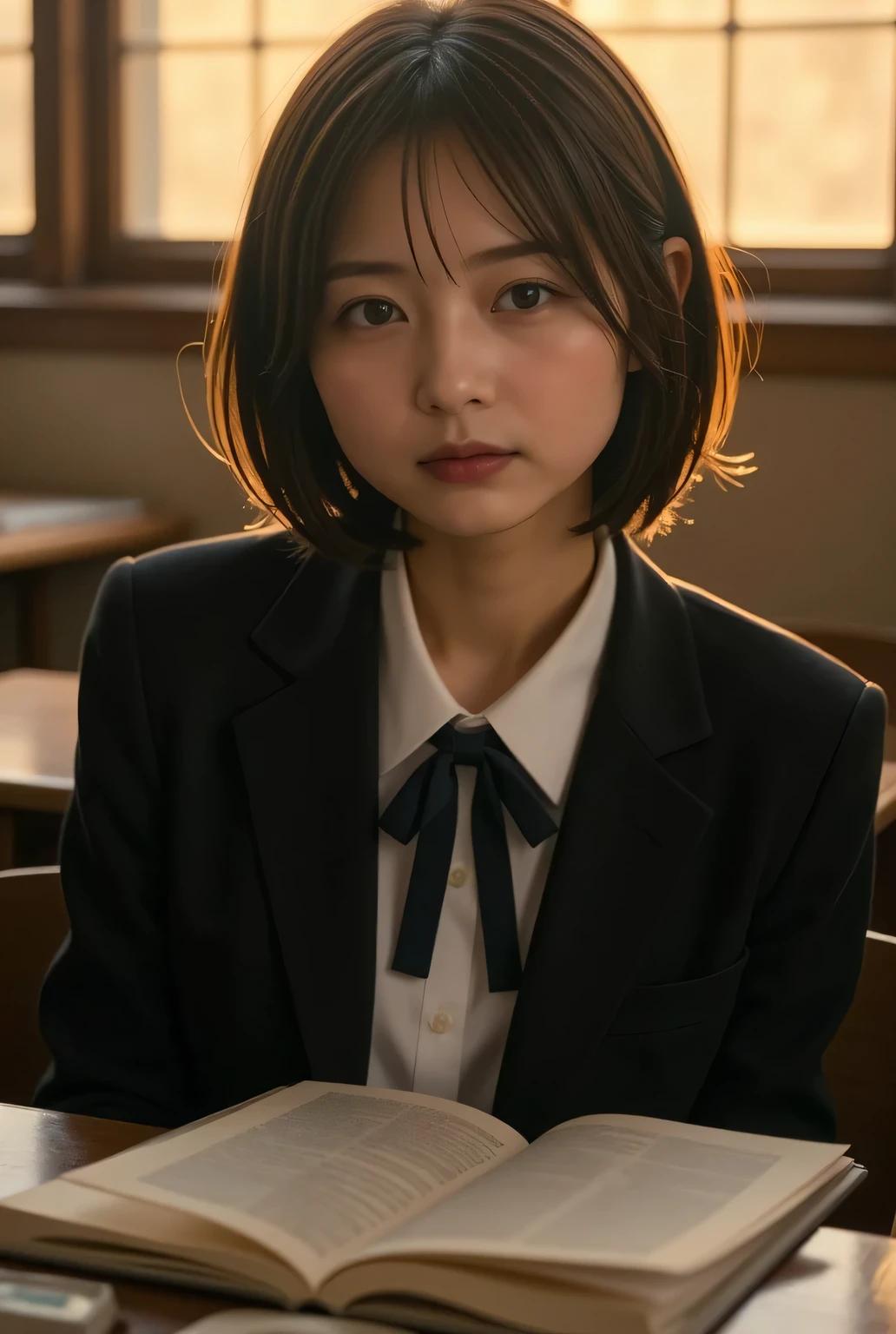 Dramatic Scenes , shadow, Global Illumination, alone, retro female student photo :1.331, by Nomi, Beautiful Japanese woman's face, In an old high school classroom:1.5, dictionaries, notebooks, and writing utensils on the table, she stares at the viewer:1.331, front view :1.331, Very by Nomi photos, super real, photorealistic, Perfect Anatomy:1.21, small head:1.21, Close your lips , black trail blazer :1.21, A plain blazer uniform from a famous high school in the city, Black blazer:1.331, white shirt:1.21, Black thin loop ribbon :1.331, black hair:1.21, bob cut hair:1.21, Beautiful Japanese woman's face without makeup:1.21, Detailed Iris, Sharp eyebrows:1.37, detailed face, Glowing Skin:1.21, in a dark classroom at dusk, Silky Screen, nostalgic photo of the sunset shining in an old high school classroom, The dynamic, cinematic lighting shines,