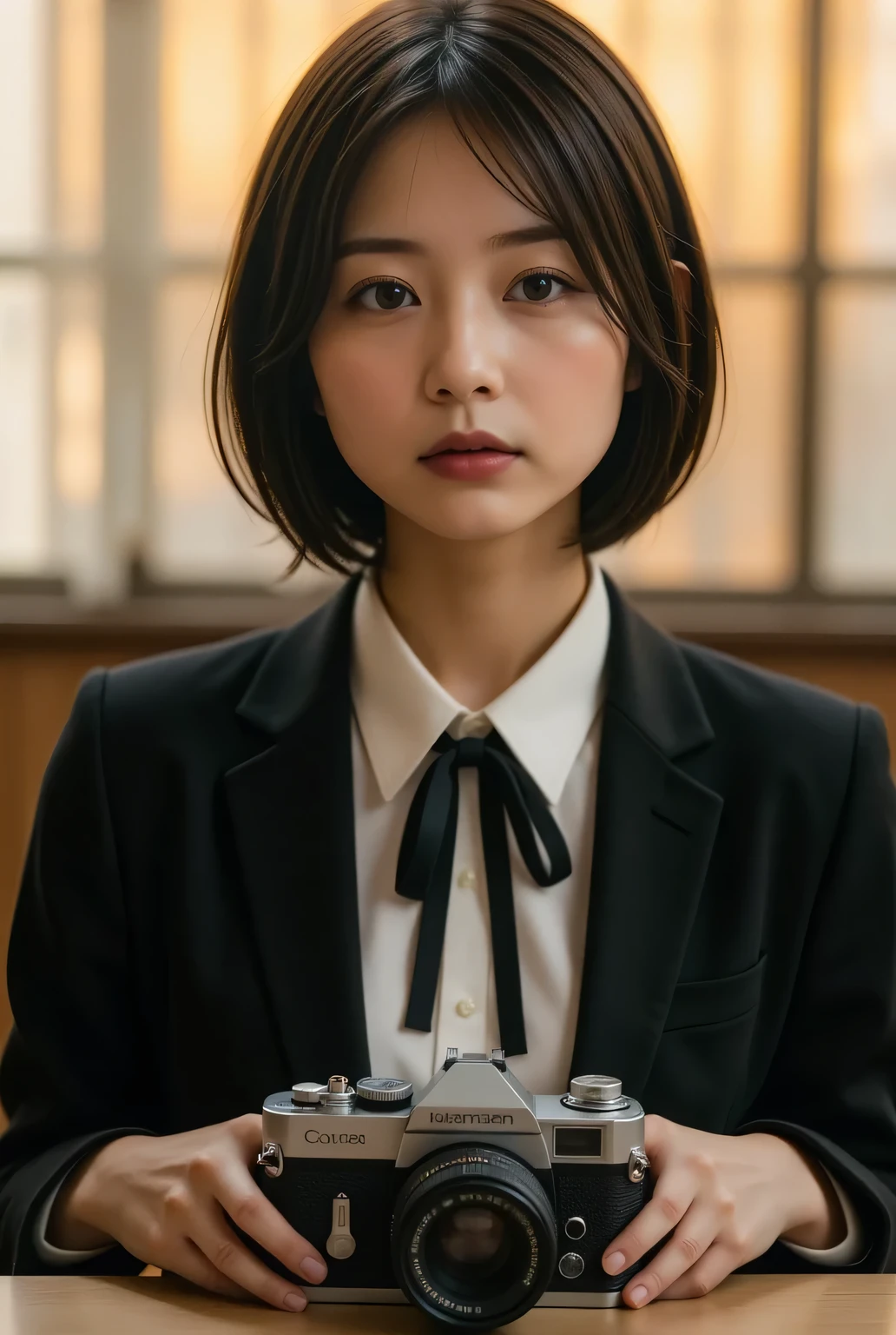 Dramatic Scenes , shadow, Global Illumination, alone, retro female student photo :1.331, by Nomi, Beautiful Japanese woman's face, she wears silver-rimmed glasses:1.1, In an old high school classroom:1.5, a large German retro camera on the table:1.331,, she stares at the viewer:1.331, front view :1.331, Very by Nomi photos, super real, photorealistic, Perfect Anatomy:1.21, small head:1.21, Close your lips , black trail blazer :1.21, A plain blazer uniform from a famous high school in the city, Black blazer:1.331, white shirt:1.21, Black thin loop ribbon :1.331, black hair:1.21, bob cut hair:1.21, Beautiful Japanese woman's face without makeup:1.21, Detailed Iris, Sharp eyebrows:1.37, detailed face, Glowing Skin:1.21, in a dark classroom at dusk, Silky Screen, nostalgic photo of the sunset shining in an old high school classroom, The dynamic, cinematic lighting shines,