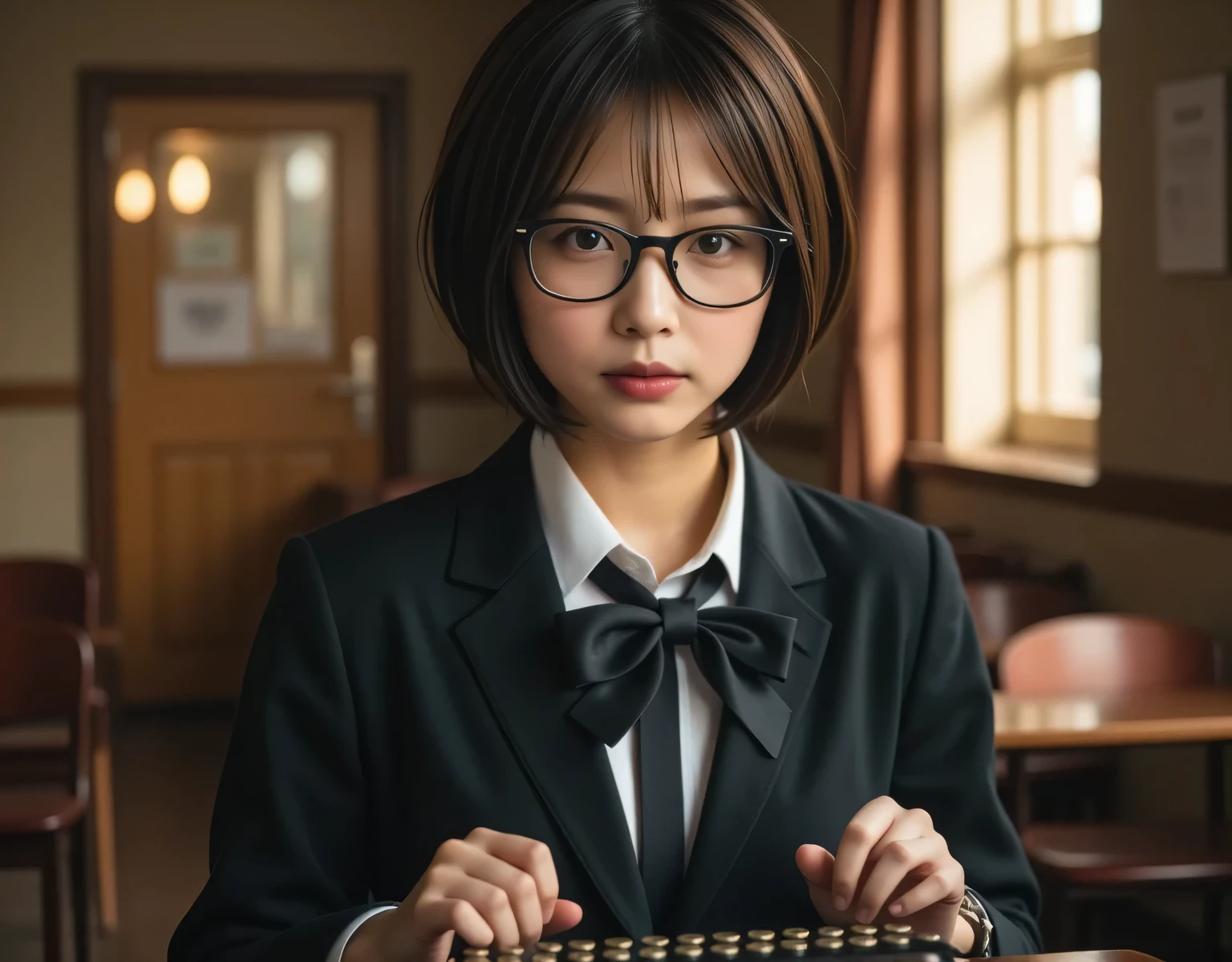 Breathtaking beauty, perfect composition, proper placement in office clothes, golden ratio, Greatest Masterpiece:1.2, Dramatic Scenes , shadow, Global Illumination, alone, from side, retro female student photo :1.331, by Nomi, Beautiful Japanese woman's face, She wears black-rimmed glasses:1.1, In an old high school classroom:1.5, she keys a typewriter with a retro design:1.331,, Staring at her hand:1.331, side view :1.331, Very by Nomi photos, super real, photorealistic, Perfect Anatomy:1.21, small head:1.21, Close your lips , black trail blazer :1.21, A plain blazer uniform from a famous high school in the city, Black blazer:1.331, white shirt:1.21, Black thin loop ribbon :1.331, black hair:1.21, bob cut hair:1.21, Beautiful Japanese woman's face without makeup:1.21, Detailed Iris, Sharp eyebrows:1.37, detailed face, Glowing Skin:1.21, in a dark classroom at dusk, Silky Screen, nostalgic photo of the sunset shining in an old high school classroom, The dynamic, cinematic lighting shines,