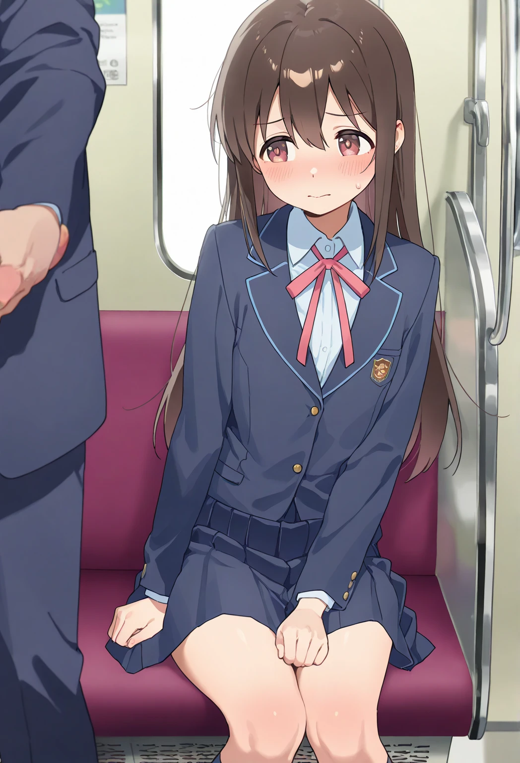 score_7_up, anime screencap,
1girl, solo, closed mouth, light smile, blush,
long hair, brown hair, brown eyes,
HarukaUniform, blue jacket, white shirt, red necktie, green armband, white gloves, pencil skirt, blue skirt, brown pantyhose, long sleeves, high heels
squatting, blowjob, fellatio, oral sex, sucking penis, deepthroat, sloppy blowjob, saliva, tears, cum on face, cowboy shot, holding male legs, forced, cum on clothing, messy
blurry background, train station, rail tracks