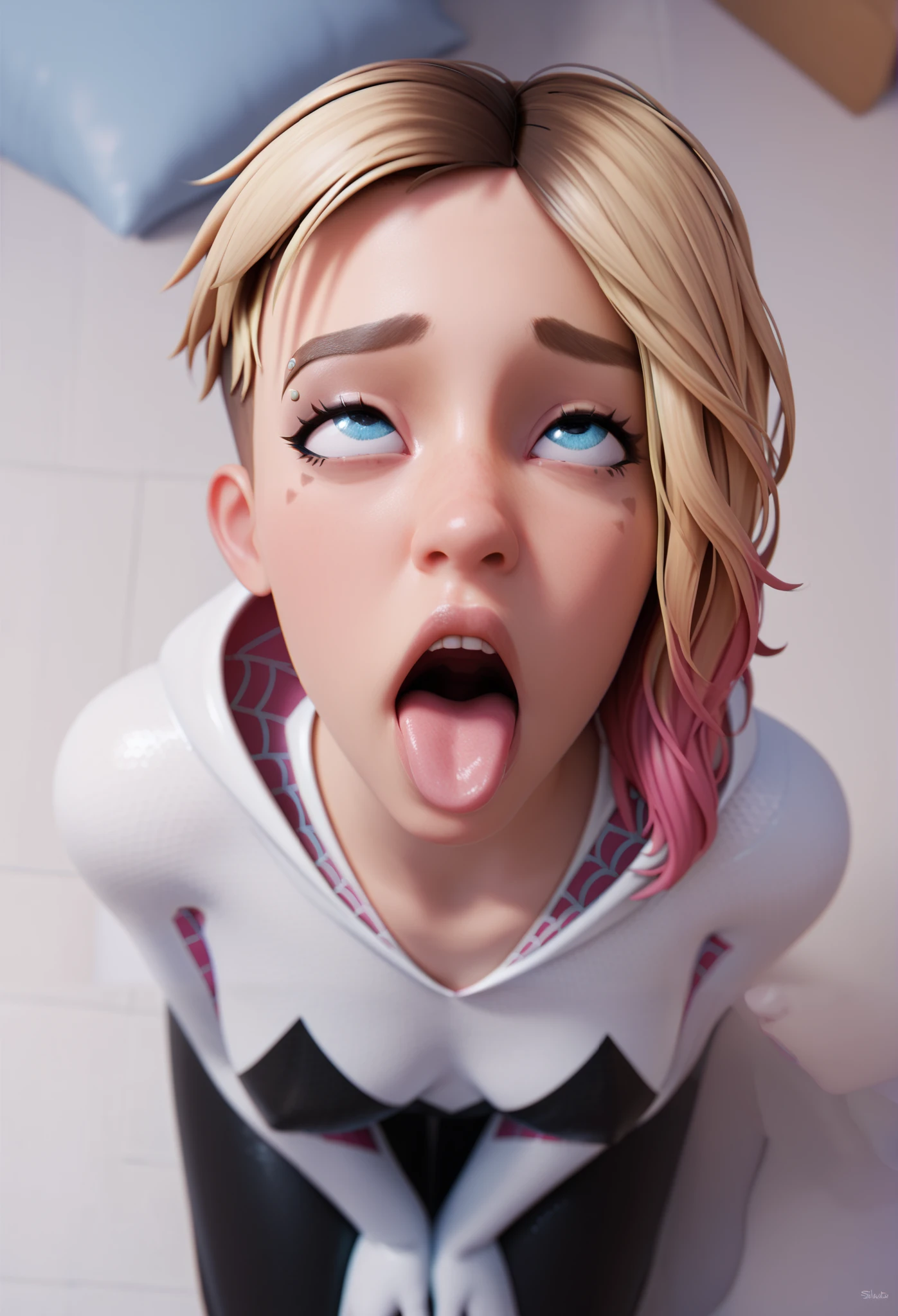 sucking dick, blowjob, open mouth, saliva, drooling, wet, cum on mouth, cum on tongue, huge breasts, big ass, big thighs, blush, crossed-eyes, front view, looking at the viewer, milf, ahegao, rolling eyes, tongue, elsa