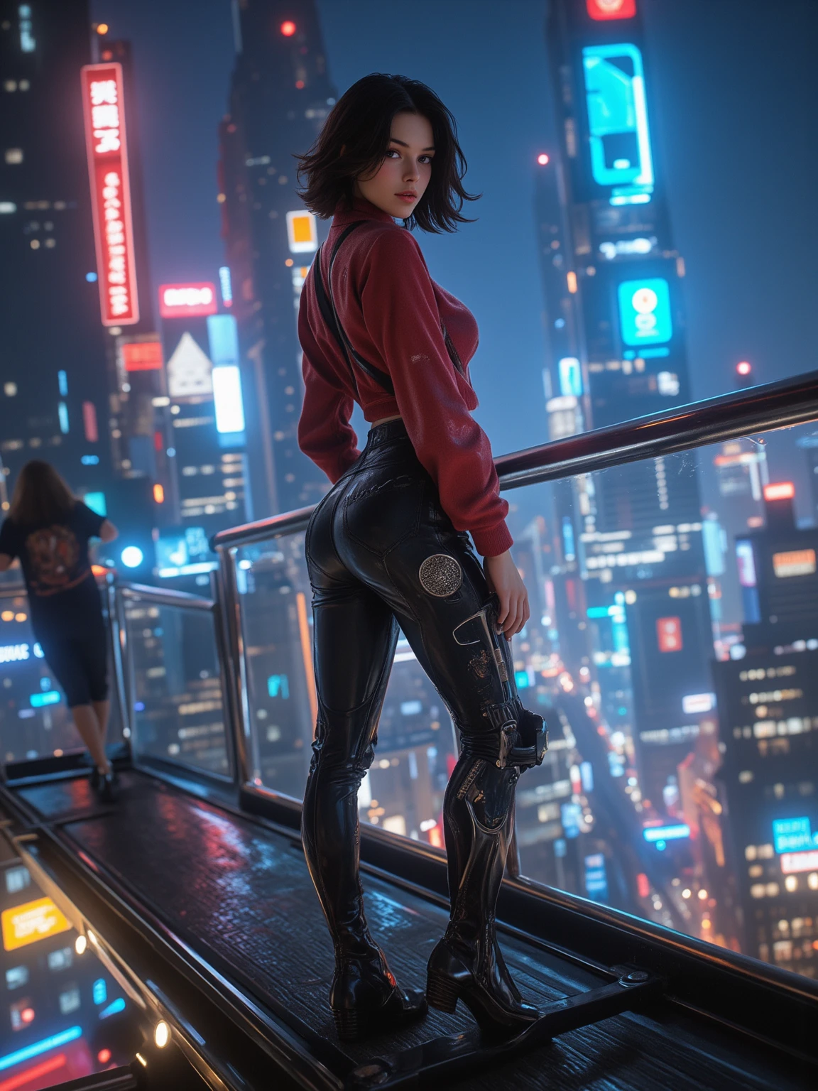 Kiernan Shipka, sozinho, seen from behind with short blonde hair in a black latex corset and mini thong, parado em uma rua molhada, cintura fina, bunda bonita, coxas grossas, pernas nuas, bunda exposta, pele de porcelana em Cyberpunk city, em uma cidade cyberpunk, no estilo cyberpunk, Foto cyberpunk, tiro nas costas, Medium rear shot, latex thong, shiny latex dental floss, Cyberpunk, cyberpunk em uma cidade cyberpunk, Cyberpunk feminino loira, in a cyberpunk setting, em uma cidade cyberpunk, em uma cidade cyberpunk, Cyberpunk, Garota cyberpunk, em uma Cidade Cyberpunk Futurista, apenas uma mulher, Kiernan Shipka
