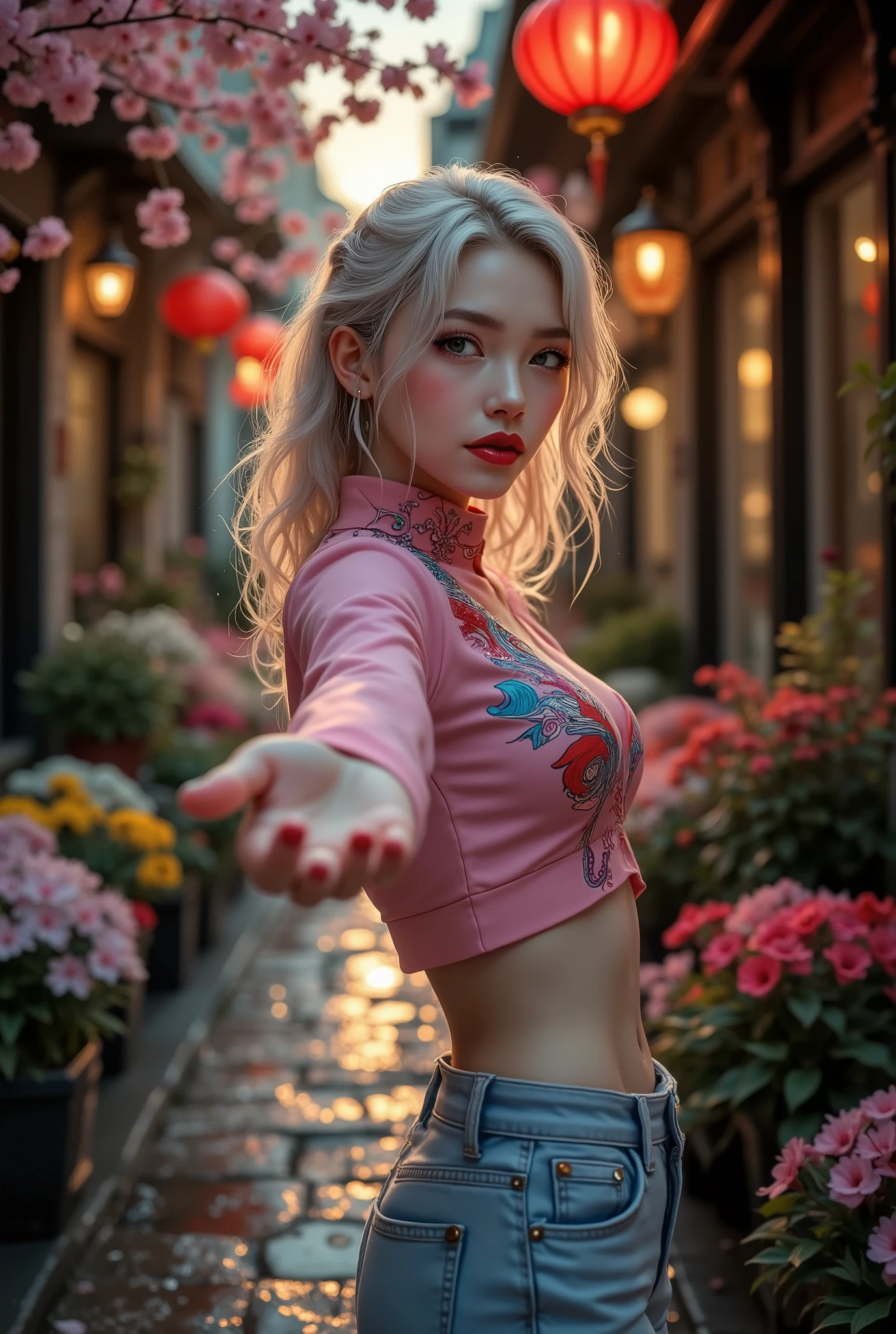  [Style: "masterpiece, realistic, Photorealistic realism, Hyper high resolution" - "(Hyper quality, intricate ultra-detailed digital art)"] (Key Directive: "The priority is the anatomical accuracy and texture of the materials as well as the quality of the eyes") {Character: "20-year-old white female" | Face: "symmetrical, pale skin, full lips, red lipstick: 1.15" | Eyes: "((sharp focus, no blurry eyes, Hyper absurd quality, Hyper details, Hyper realistic brown eyes:1.4))" - "((extra narrow eyebrows))" - "(Carefully draw Long blue_mascara:1.2)" - "(perfect round eyes)" | Hair: "waist-length white curly (setting light reflections: 0.5)" | Pose: "dynamic side position" - "hand is stretched out towards the viewer (inviting hand gesture)" Outfit: [Top: "pink long sleeve crop top (a bold, feminine, elaborately detailed: 0.7)"] [Bottom: "short denim shorts ((tight, smooth))"] Environment: "garden street at sunset (((rain-slick cobblestones), colorful flowers, cherry blossoms))" | Lighting: - "Cinematic clarity and global illumination") Technical Specs: (DOF: "shallow, f/1.8, blurred crowd in background") (Post-Processing: "Specifications: (DPF: "deep, f/1.8, distinct garden in the background") (Post-production: "chromatic aberration: 0.7") (Rendering engine: "Unreal Engine 5 path tracing, 16K texture maps") }